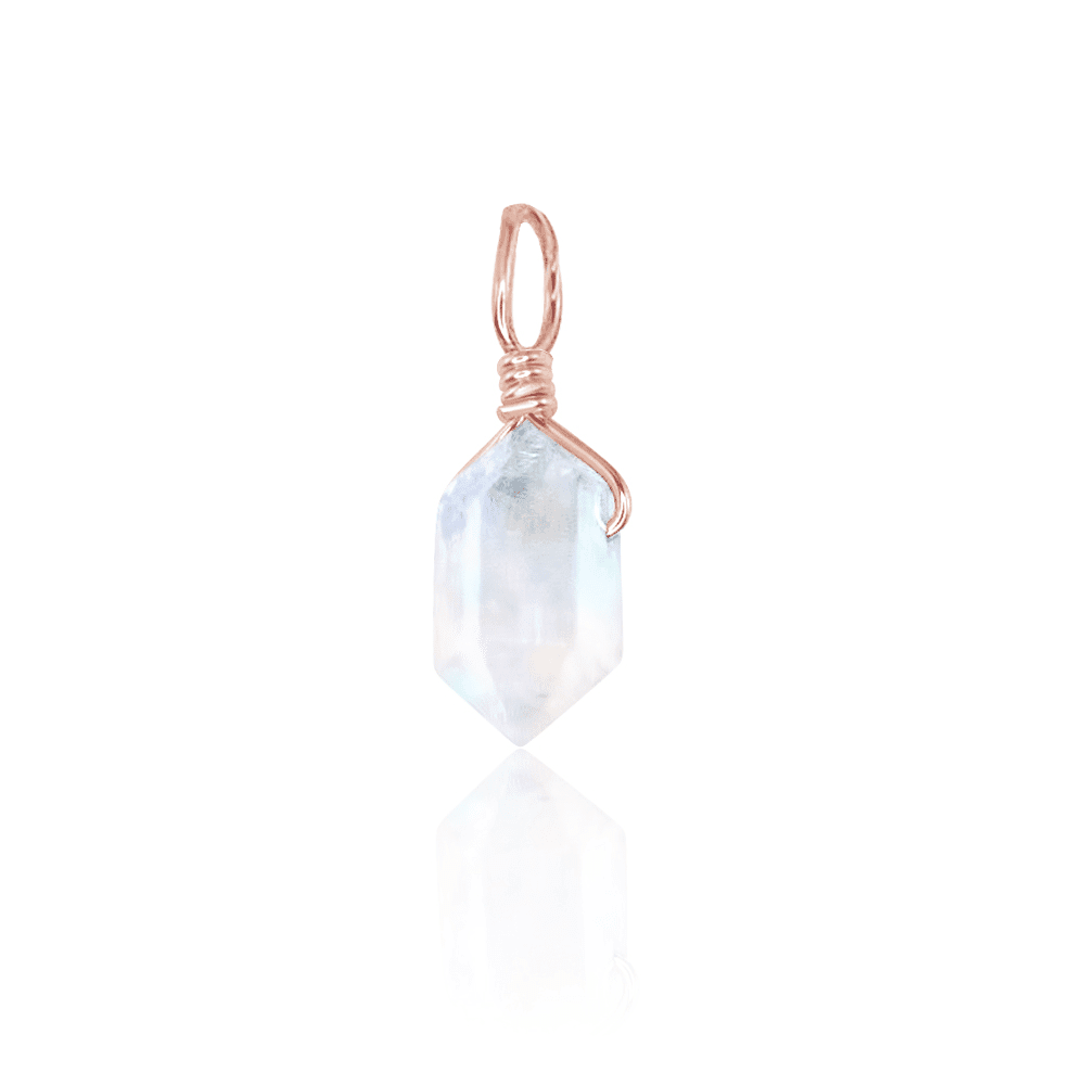 Rainbow Moonstone Mini Double Terminated Crystal Point Pendant - Rainbow Moonstone Mini Double Terminated Crystal Point Pendant - 14k Rose Gold Fill - Luna Tide Handmade Crystal Jewellery