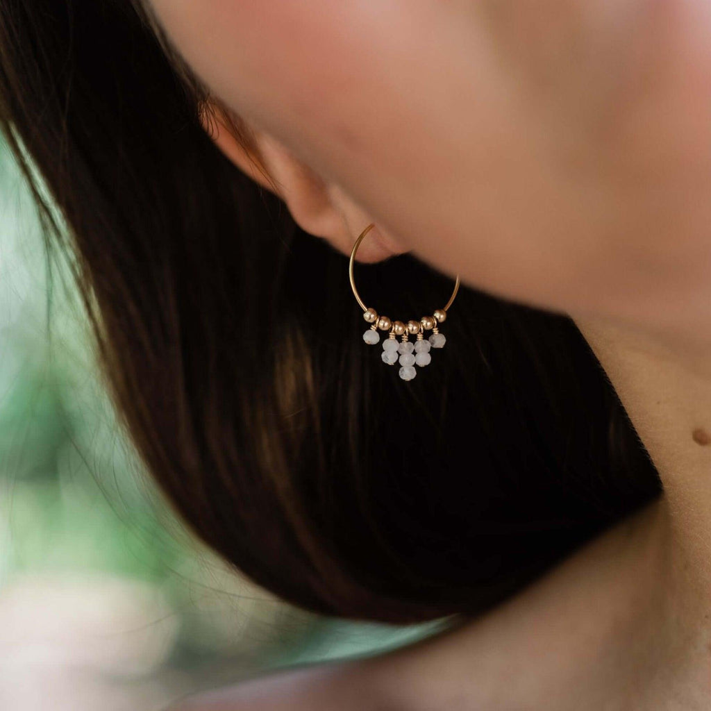 Rainbow Moonstone Statement Hoop Earrings - Rainbow Moonstone Statement Hoop Earrings - 14k Gold Fill - Luna Tide Handmade Crystal Jewellery