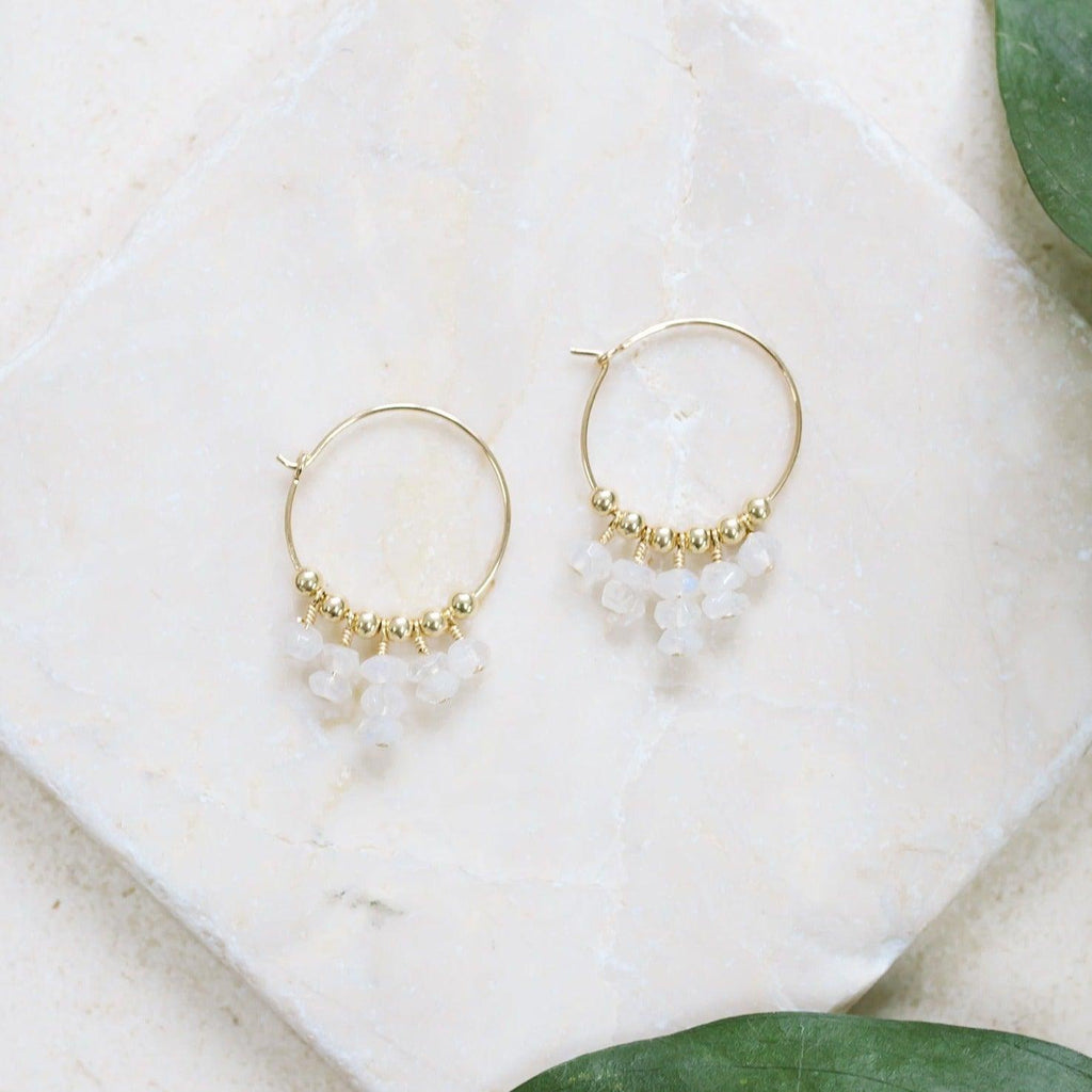 Rainbow Moonstone Statement Hoop Earrings - Rainbow Moonstone Statement Hoop Earrings - 14k Gold Fill - Luna Tide Handmade Crystal Jewellery