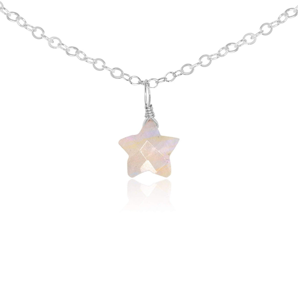 Rainbow Moonstone Tiny Star Pendant Choker Necklace - Rainbow Moonstone Tiny Star Pendant Choker Necklace - Sterling Silver - Luna Tide Handmade Crystal Jewellery