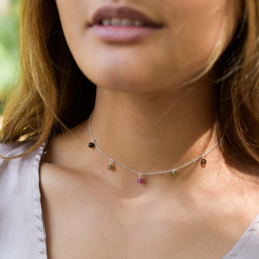 Rainbow Tourmaline Bead Drop Choker - Rainbow Tourmaline Bead Drop Choker - Sterling Silver - Luna Tide Handmade Crystal Jewellery