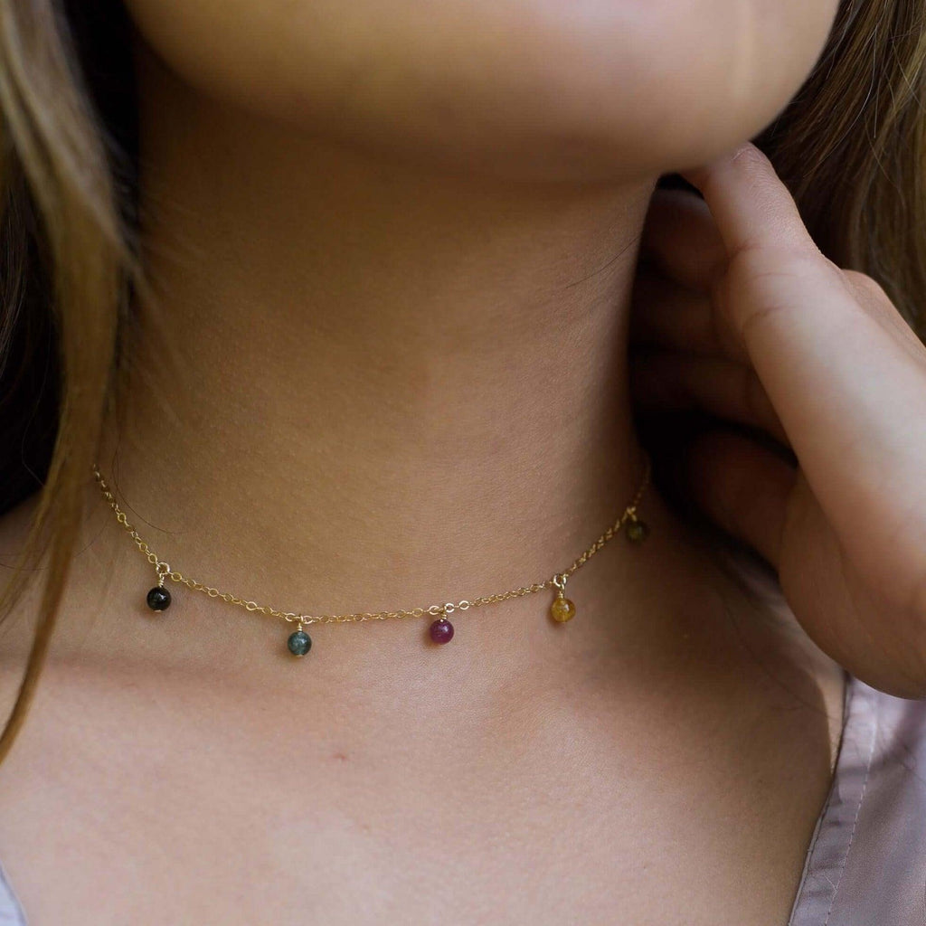 Rainbow Tourmaline Bead Drop Choker - Rainbow Tourmaline Bead Drop Choker - Sterling Silver - Luna Tide Handmade Crystal Jewellery