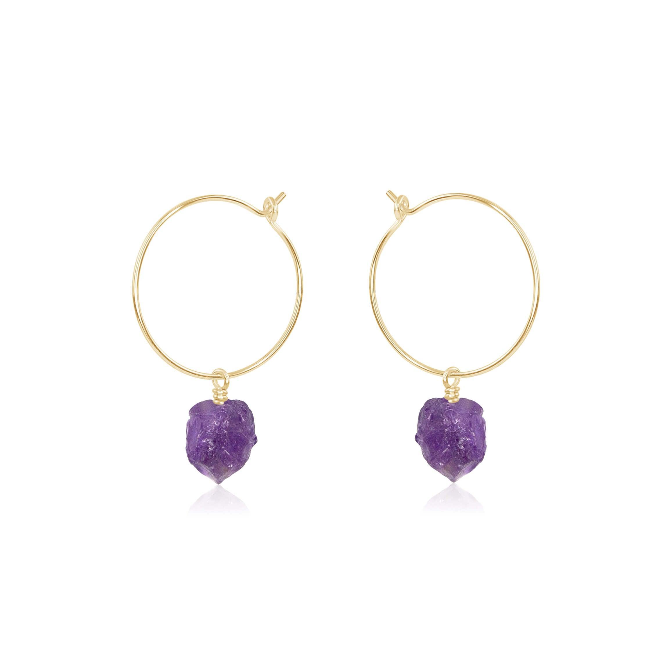 Raw Amethyst Gemstone Dangle Hoop Earrings - Raw Amethyst Gemstone Dangle Hoop Earrings - 14k Gold Fill - Luna Tide Handmade Crystal Jewellery