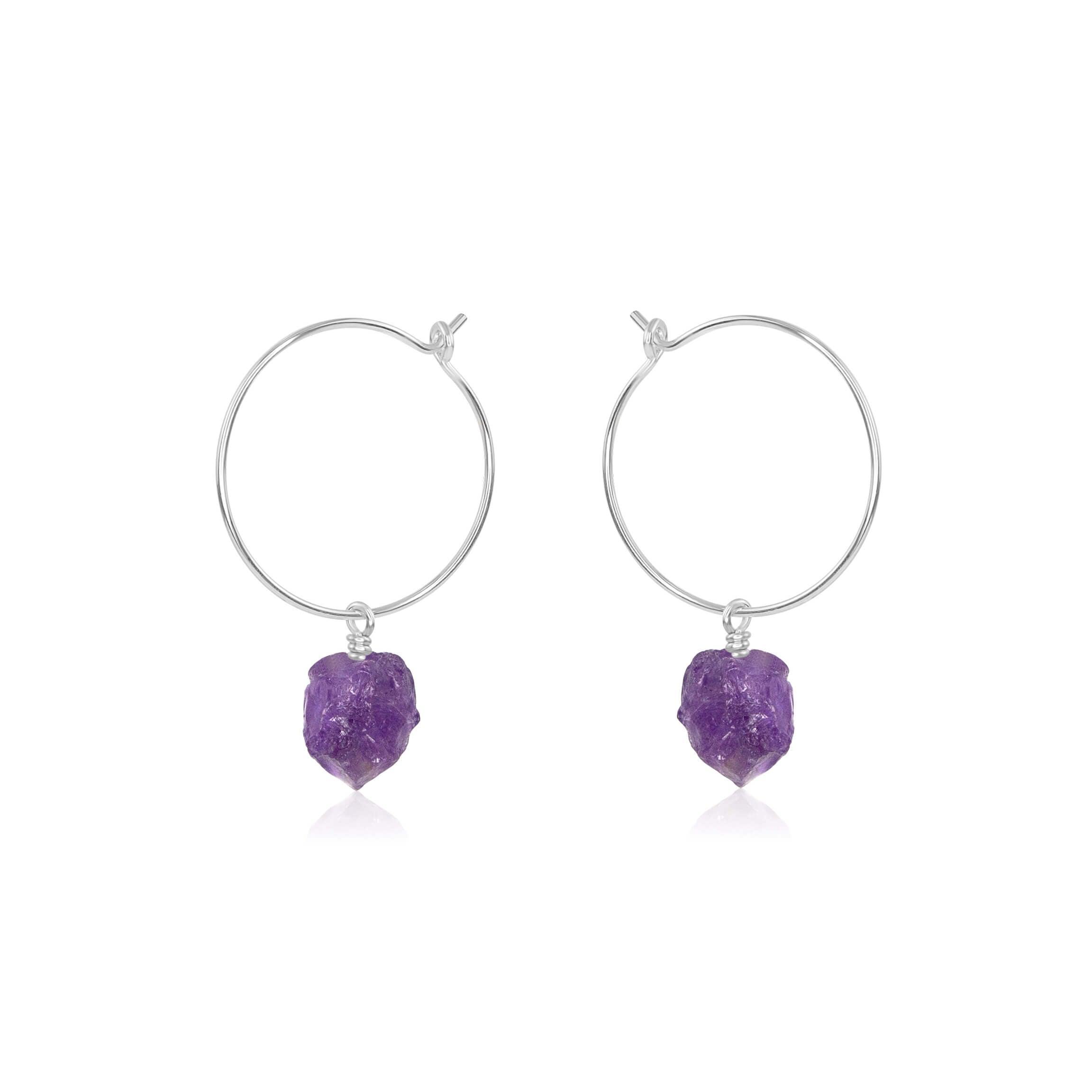 Raw Amethyst Gemstone Dangle Hoop Earrings - Raw Amethyst Gemstone Dangle Hoop Earrings - Sterling Silver - Luna Tide Handmade Crystal Jewellery