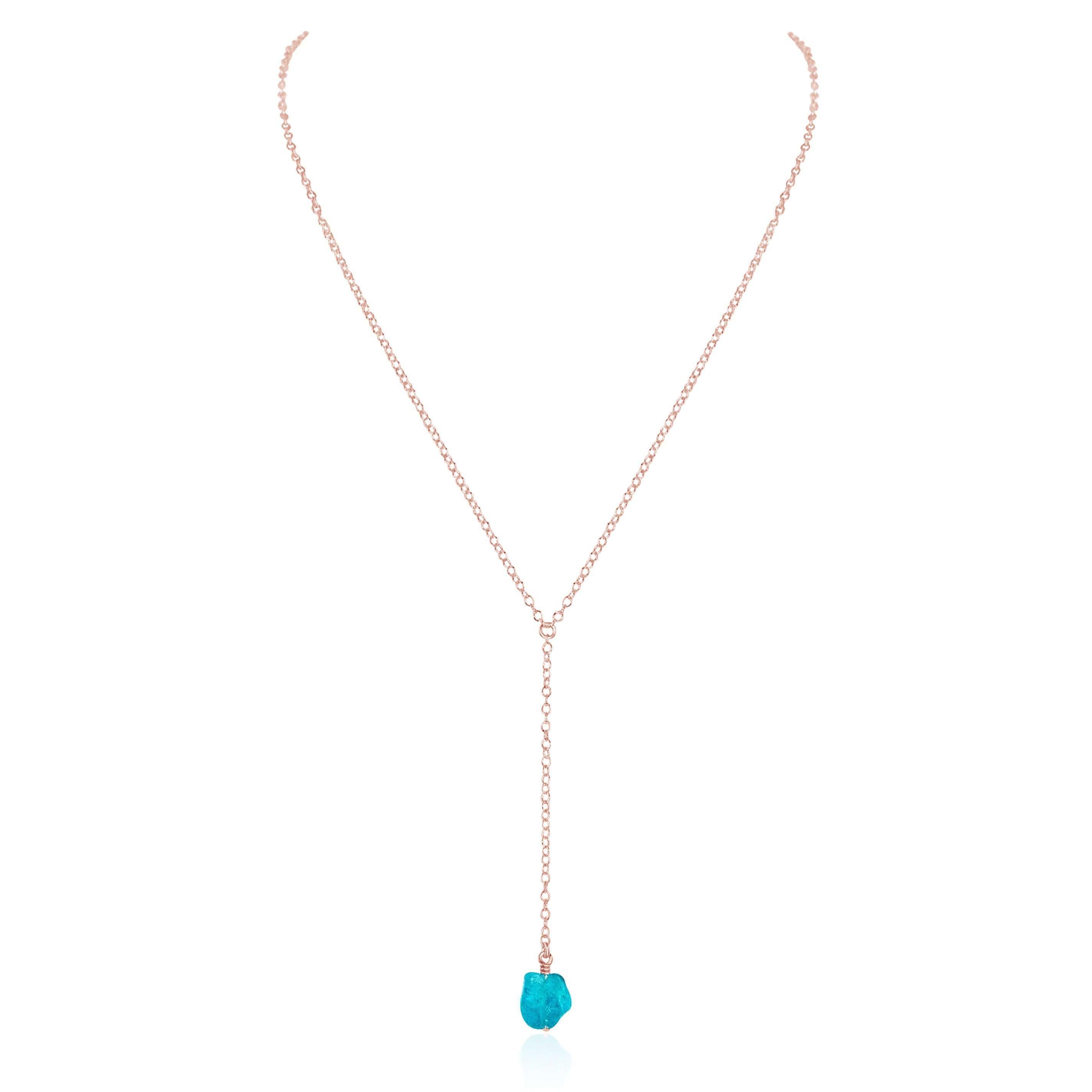 Raw Blue Apatite Crystal Lariat Necklace - Raw Blue Apatite Crystal Lariat Necklace - 14k Rose Gold Fill - Luna Tide Handmade Crystal Jewellery