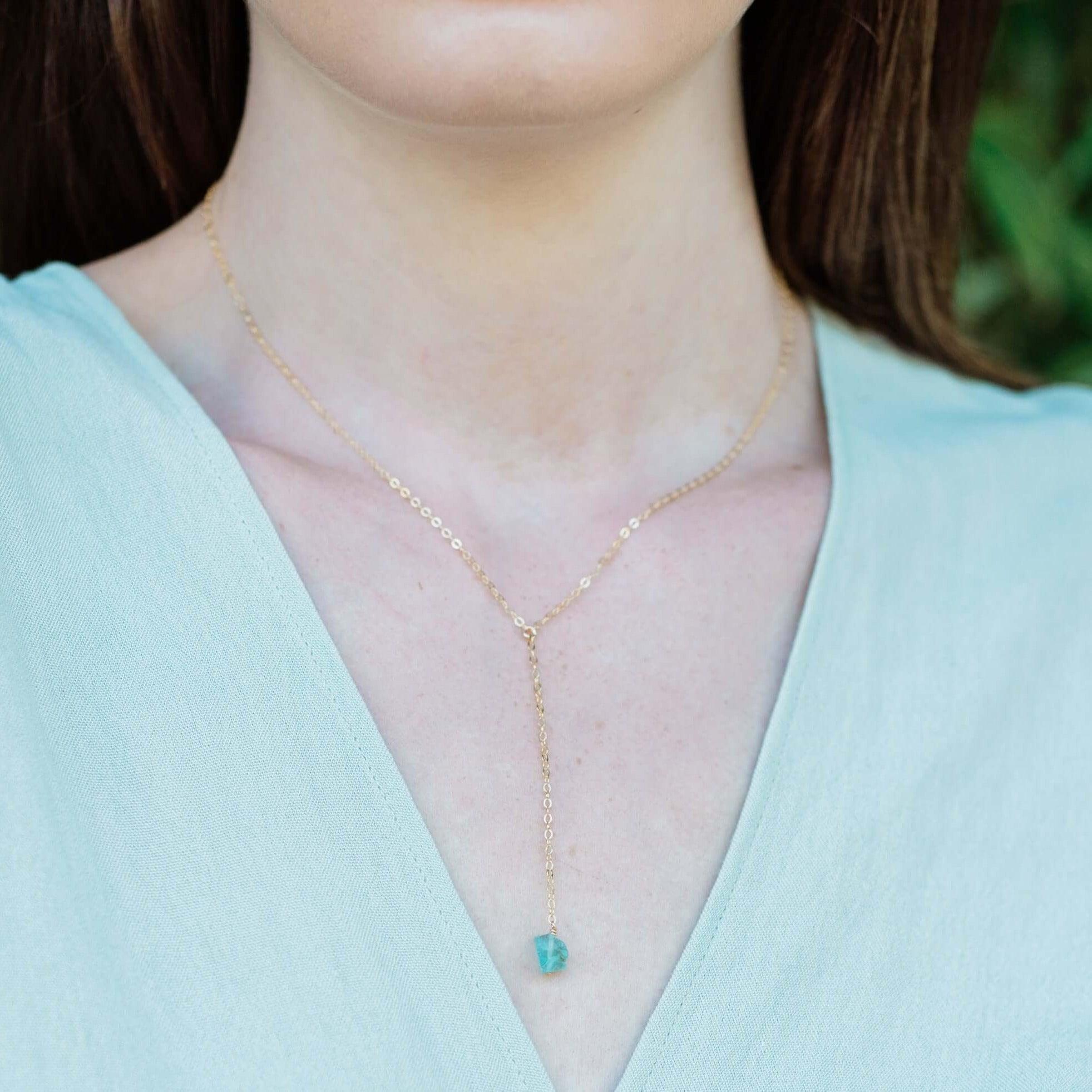 Raw Blue Apatite Crystal Lariat Necklace - Raw Blue Apatite Crystal Lariat Necklace - Sterling Silver - Luna Tide Handmade Crystal Jewellery