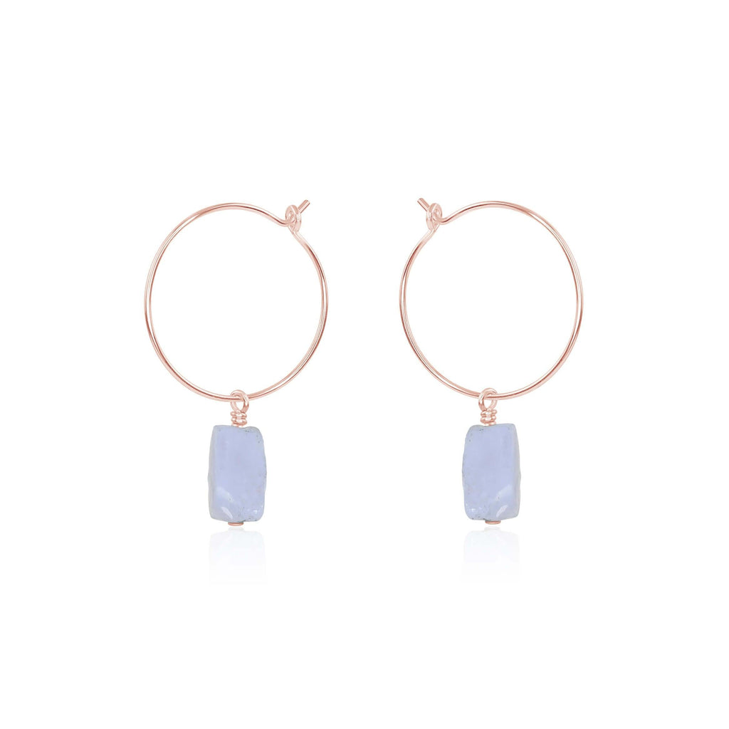 Raw Blue Lace Agate Gemstone Dangle Hoop Earrings - Raw Blue Lace Agate Gemstone Dangle Hoop Earrings - 14k Rose Gold Fill - Luna Tide Handmade Crystal Jewellery