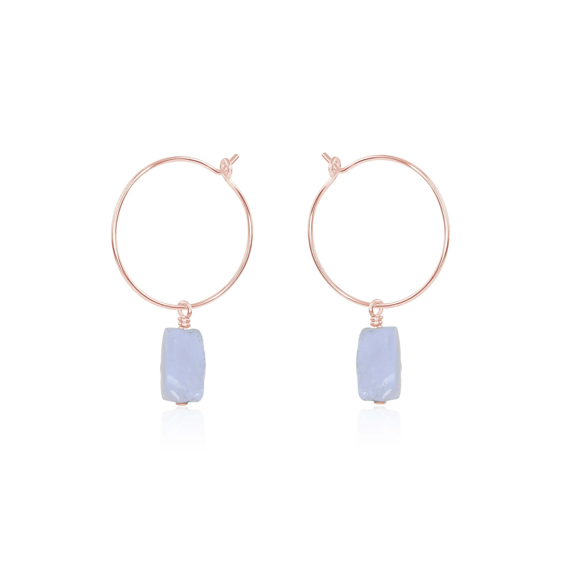 Raw Blue Lace Agate Gemstone Dangle Hoop Earrings - Raw Blue Lace Agate Gemstone Dangle Hoop Earrings - 14k Rose Gold Fill - Luna Tide Handmade Crystal Jewellery