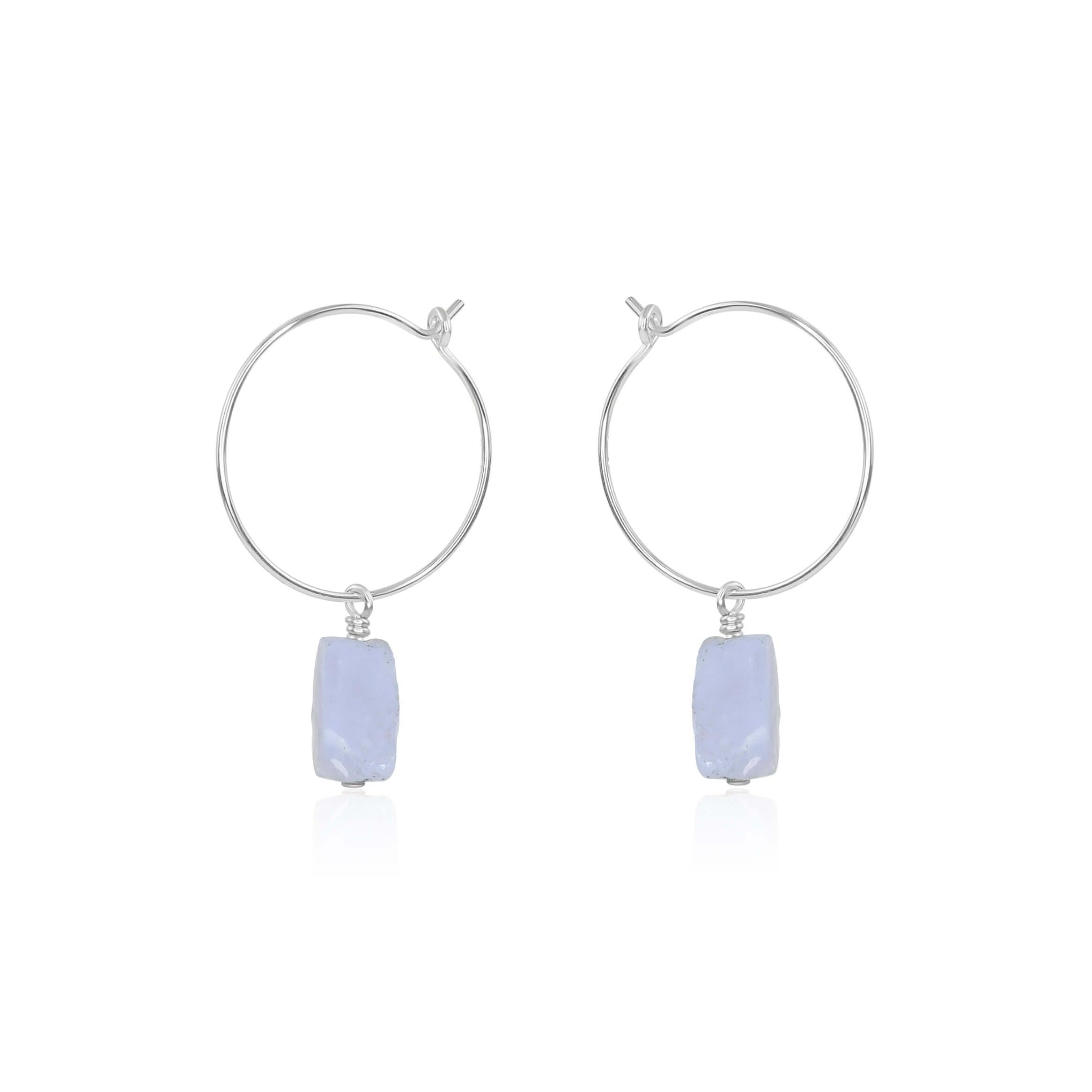 Raw Blue Lace Agate Gemstone Dangle Hoop Earrings - Raw Blue Lace Agate Gemstone Dangle Hoop Earrings - Sterling Silver - Luna Tide Handmade Crystal Jewellery