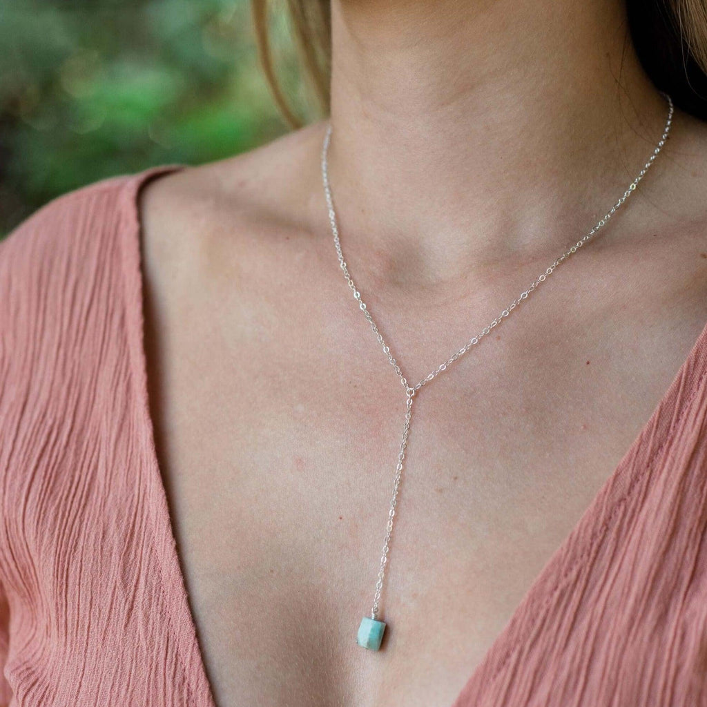 Raw Blue Larimar Crystal Lariat Necklace - Raw Blue Larimar Crystal Lariat Necklace - Sterling Silver - Luna Tide Handmade Crystal Jewellery