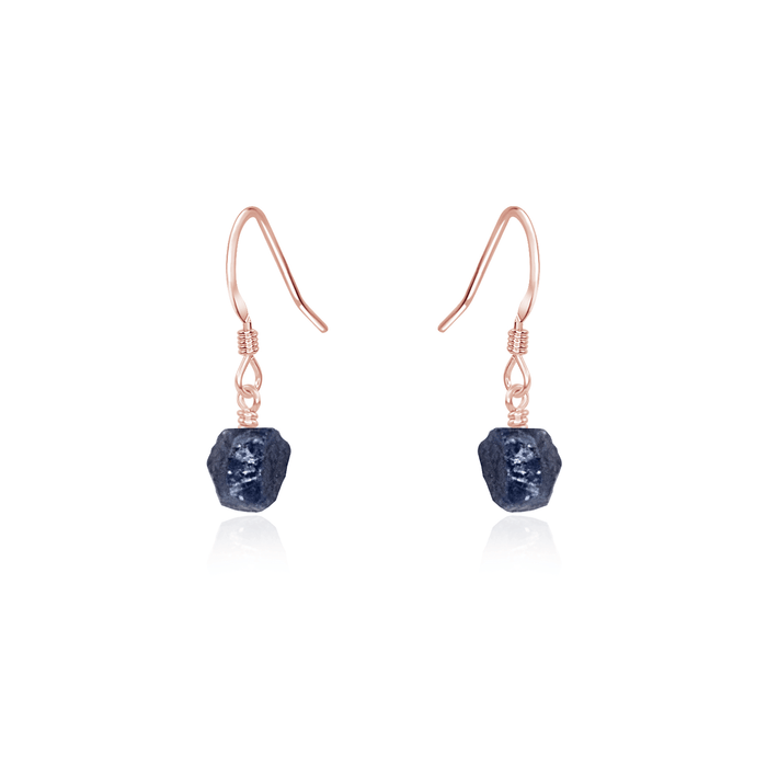 Raw Blue Sapphire Crystal Dangle Drop Earrings - Raw Blue Sapphire Crystal Dangle Drop Earrings - 14k Rose Gold Fill - Luna Tide Handmade Crystal Jewellery