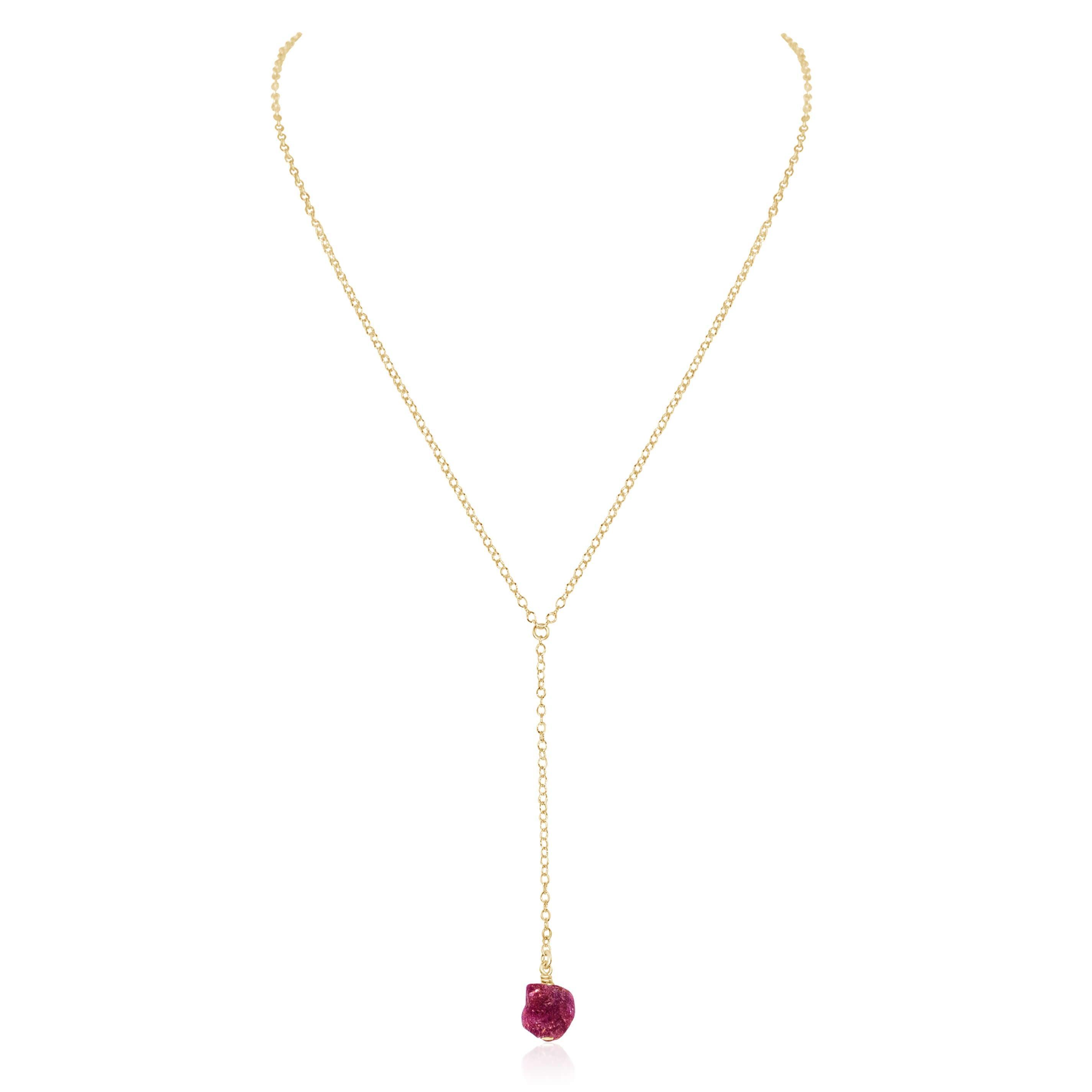 Raw Earth Red Ruby Crystal Lariat Necklace - Raw Earth Red Ruby Crystal Lariat Necklace - 14k Gold Fill - Luna Tide Handmade Crystal Jewellery