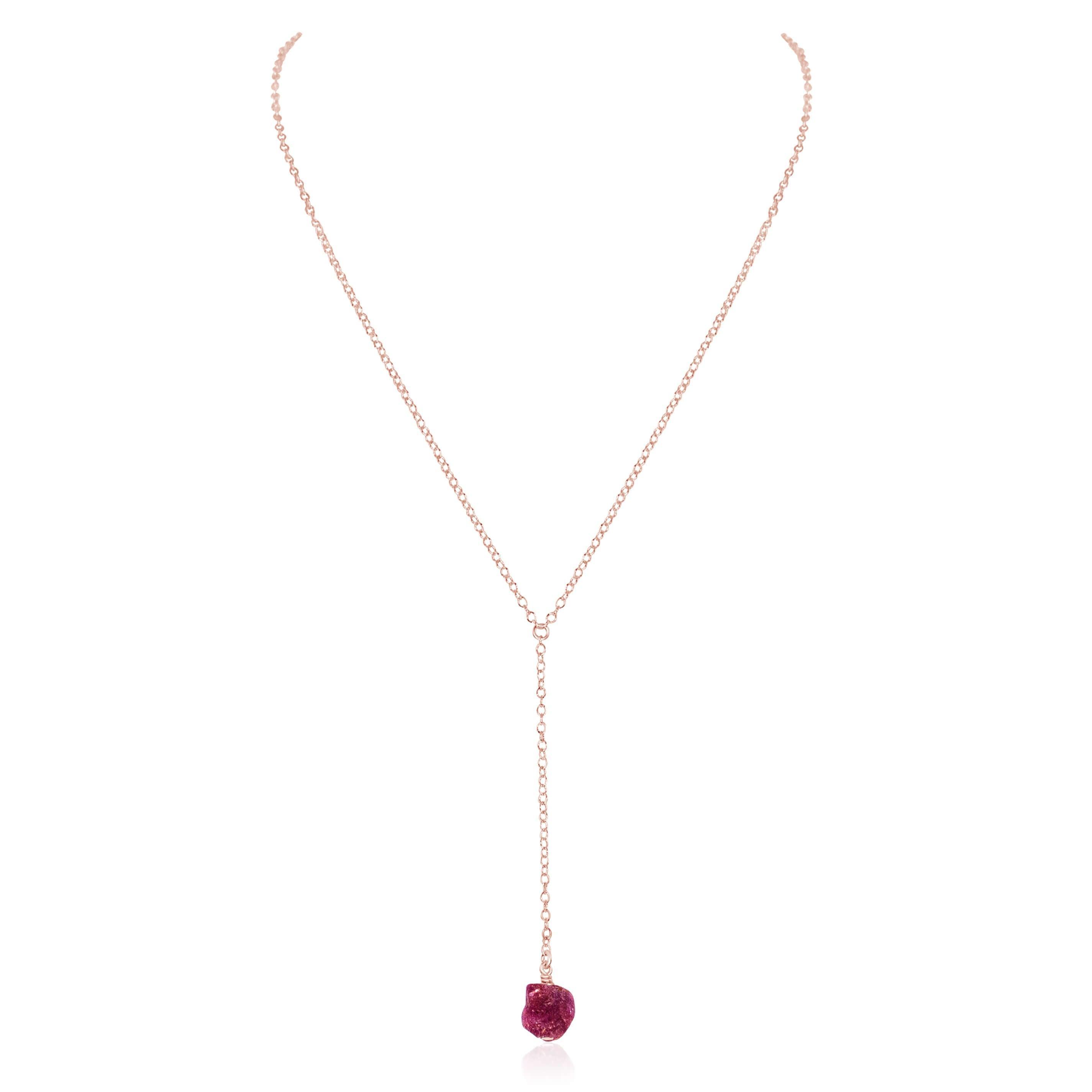 Raw Earth Red Ruby Crystal Lariat Necklace - Raw Earth Red Ruby Crystal Lariat Necklace - 14k Rose Gold Fill - Luna Tide Handmade Crystal Jewellery