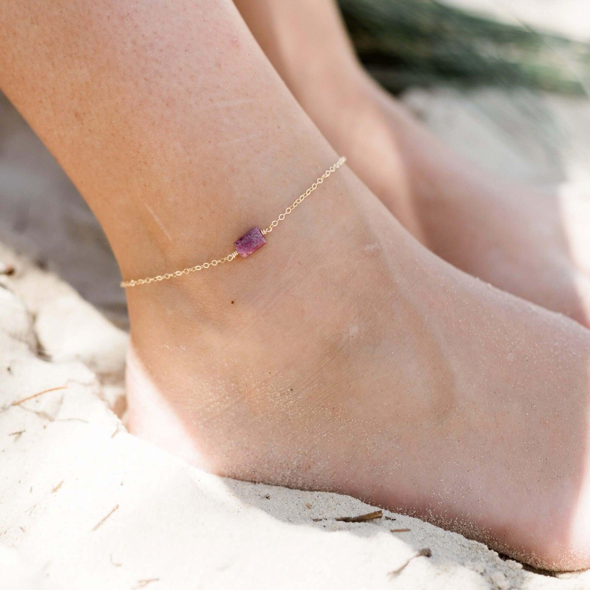 Raw Earth Red Ruby Crystal Nugget Anklet - Raw Earth Red Ruby Crystal Nugget Anklet - 14k Gold Fill - Luna Tide Handmade Crystal Jewellery