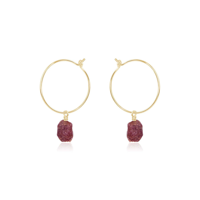 Raw Earth Red Ruby Gemstone Dangle Hoop Earrings - Raw Earth Red Ruby Gemstone Dangle Hoop Earrings - 14k Gold Fill - Luna Tide Handmade Crystal Jewellery