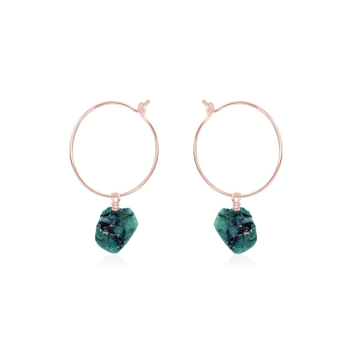 Raw Emerald Gemstone Dangle Hoop Earrings - Raw Emerald Gemstone Dangle Hoop Earrings - 14k Rose Gold Fill - Luna Tide Handmade Crystal Jewellery