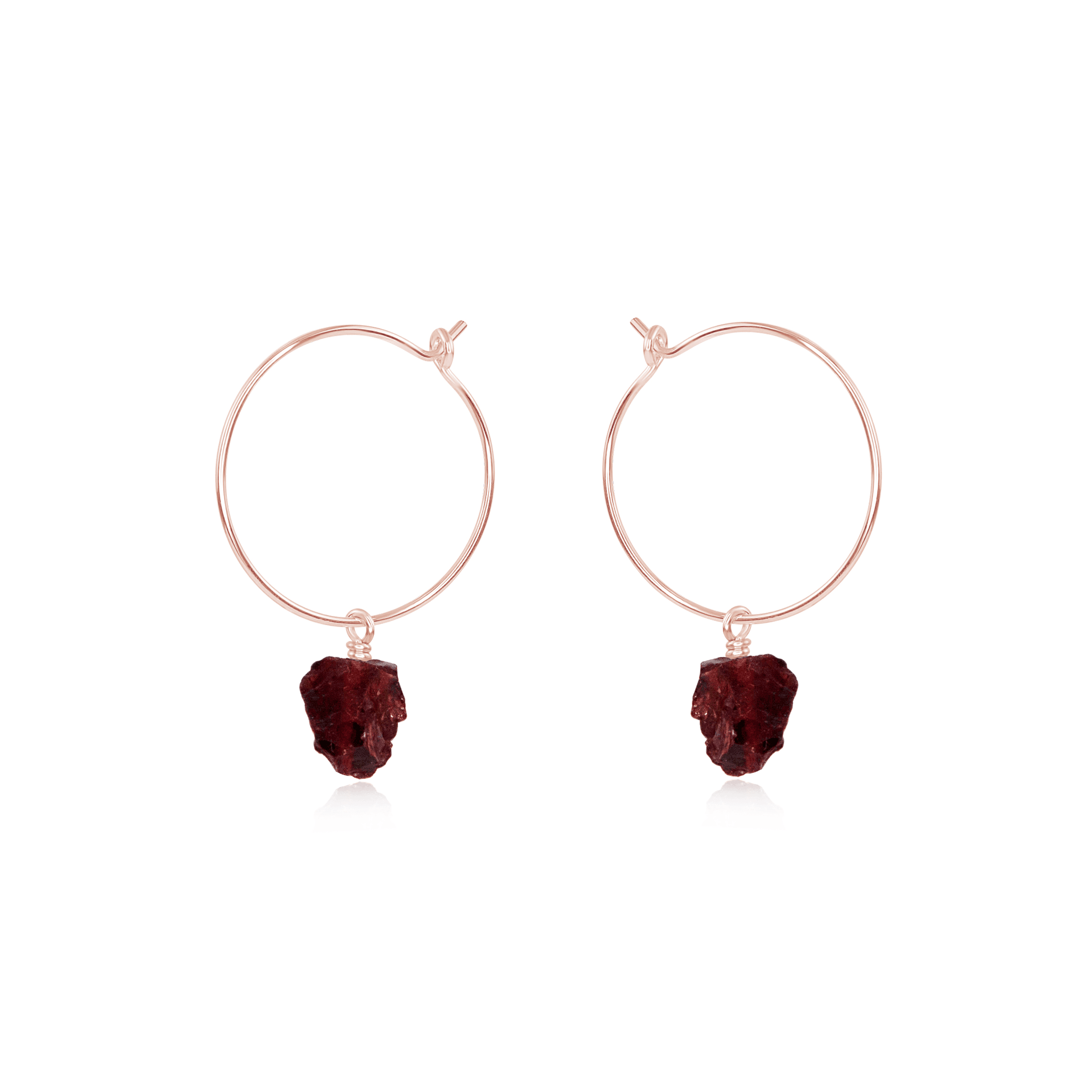 Raw Garnet Gemstone Dangle Hoop Earrings - Raw Garnet Gemstone Dangle Hoop Earrings - 14k Rose Gold Fill - Luna Tide Handmade Crystal Jewellery