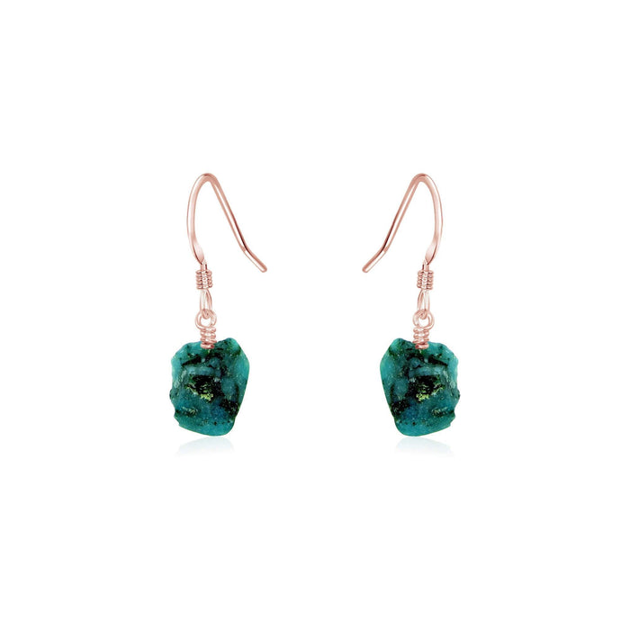 Raw Green Emerald Crystal Dangle Drop Earrings - Raw Green Emerald Crystal Dangle Drop Earrings - 14k Rose Gold Fill - Luna Tide Handmade Crystal Jewellery