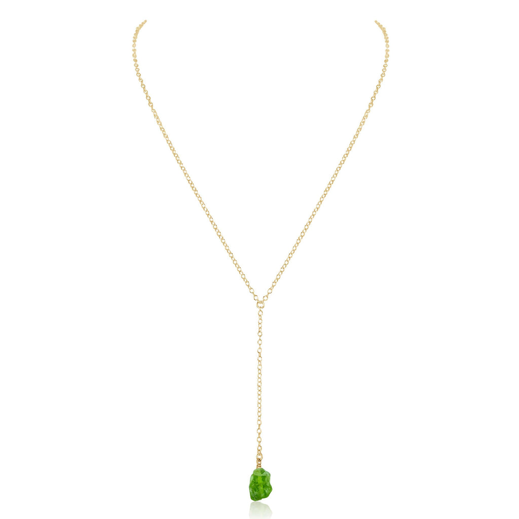 Raw Green Peridot Crystal Lariat Necklace - Raw Green Peridot Crystal Lariat Necklace - 14k Gold Fill - Luna Tide Handmade Crystal Jewellery