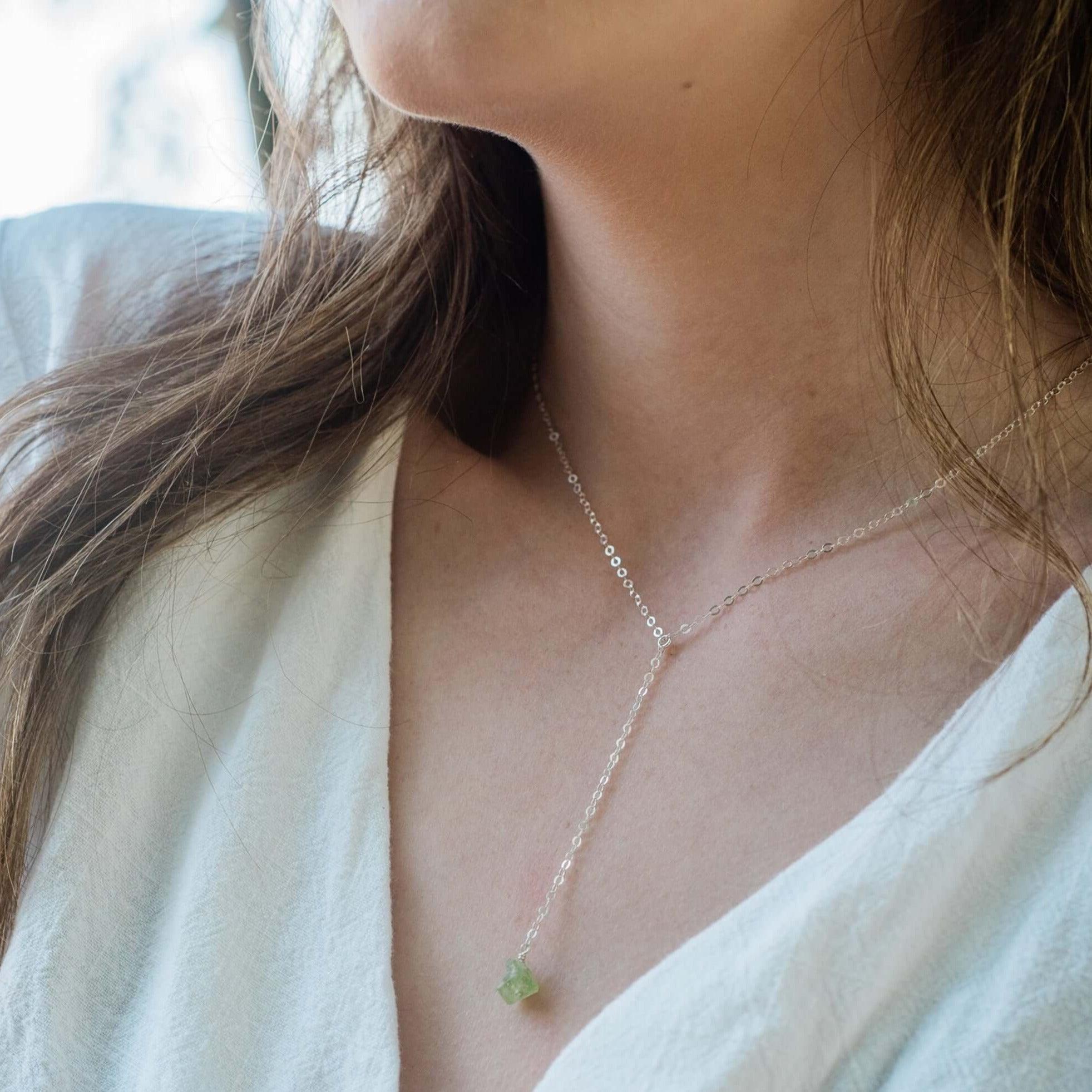 Raw Green Peridot Crystal Lariat Necklace - Raw Green Peridot Crystal Lariat Necklace - 14k Gold Fill - Luna Tide Handmade Crystal Jewellery