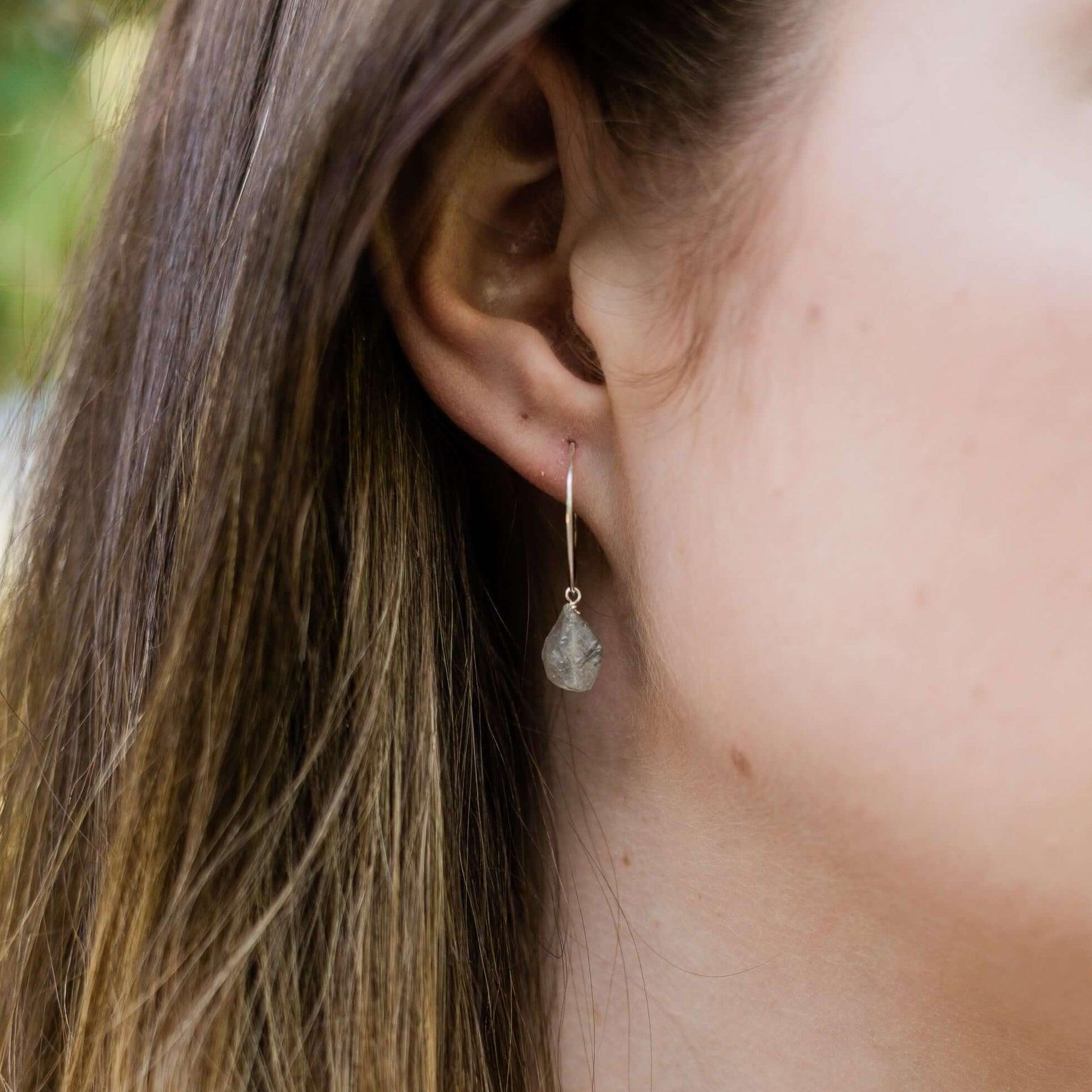 Raw Labradorite Gemstone Dangle Hoop Earrings - Raw Labradorite Gemstone Dangle Hoop Earrings - Sterling Silver - Luna Tide Handmade Crystal Jewellery