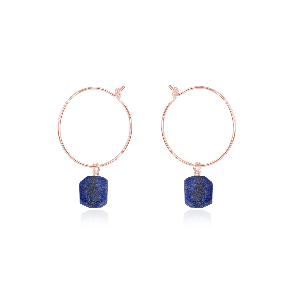 Raw Lapis Lazuli Gemstone Dangle Hoop Earrings - Raw Lapis Lazuli Gemstone Dangle Hoop Earrings - 14k Rose Gold Fill - Luna Tide Handmade Crystal Jewellery