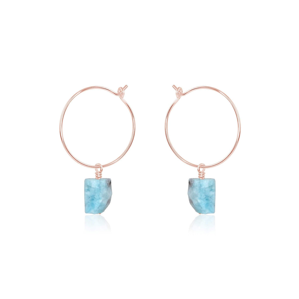 Raw Larimar Gemstone Dangle Hoop Earrings - Raw Larimar Gemstone Dangle Hoop Earrings - 14k Rose Gold Fill - Luna Tide Handmade Crystal Jewellery