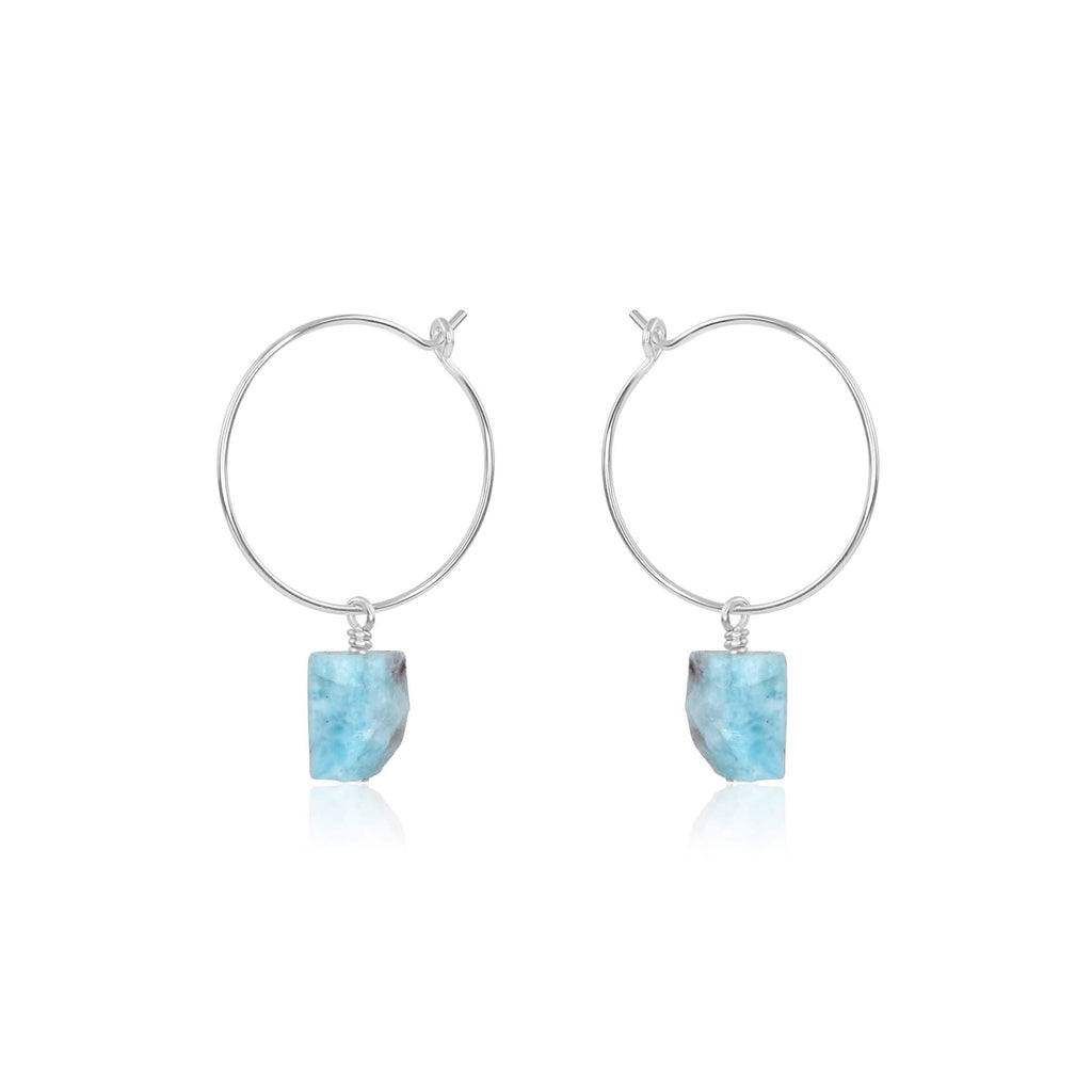 Raw Larimar Gemstone Dangle Hoop Earrings - Raw Larimar Gemstone Dangle Hoop Earrings - Sterling Silver - Luna Tide Handmade Crystal Jewellery