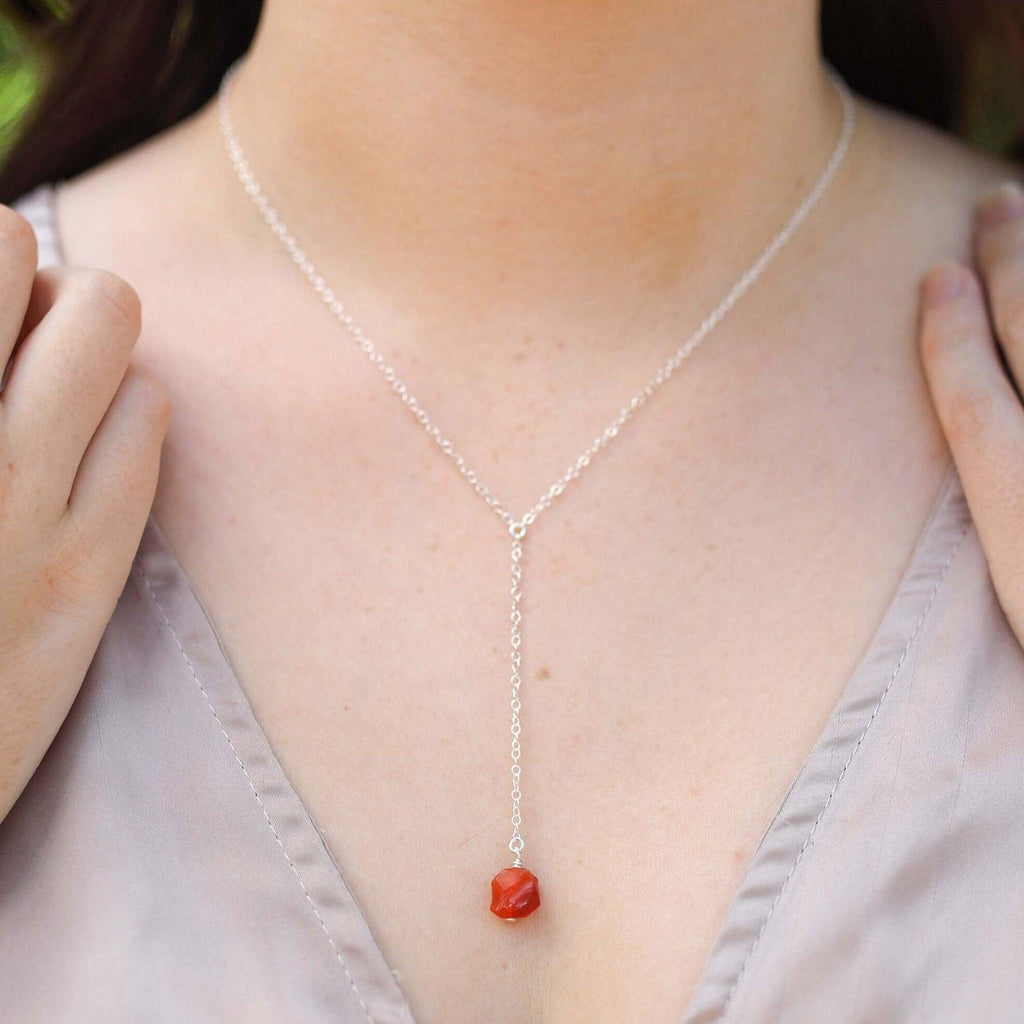 Raw Orange Carnelian Crystal Lariat Necklace - Raw Orange Carnelian Crystal Lariat Necklace - Sterling Silver - Luna Tide Handmade Crystal Jewellery