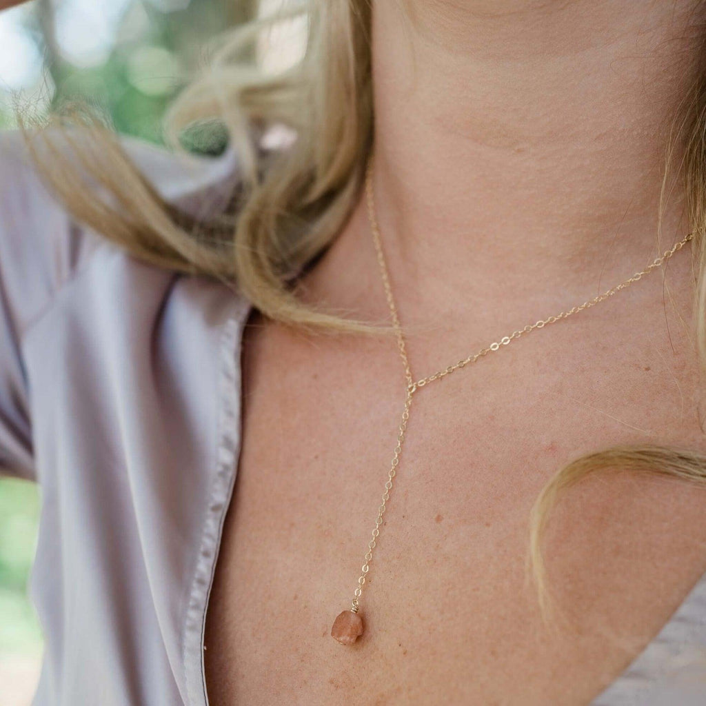 Raw Orange Sunstone Crystal Lariat Necklace - Raw Orange Sunstone Crystal Lariat Necklace - 14k Gold Fill - Luna Tide Handmade Crystal Jewellery