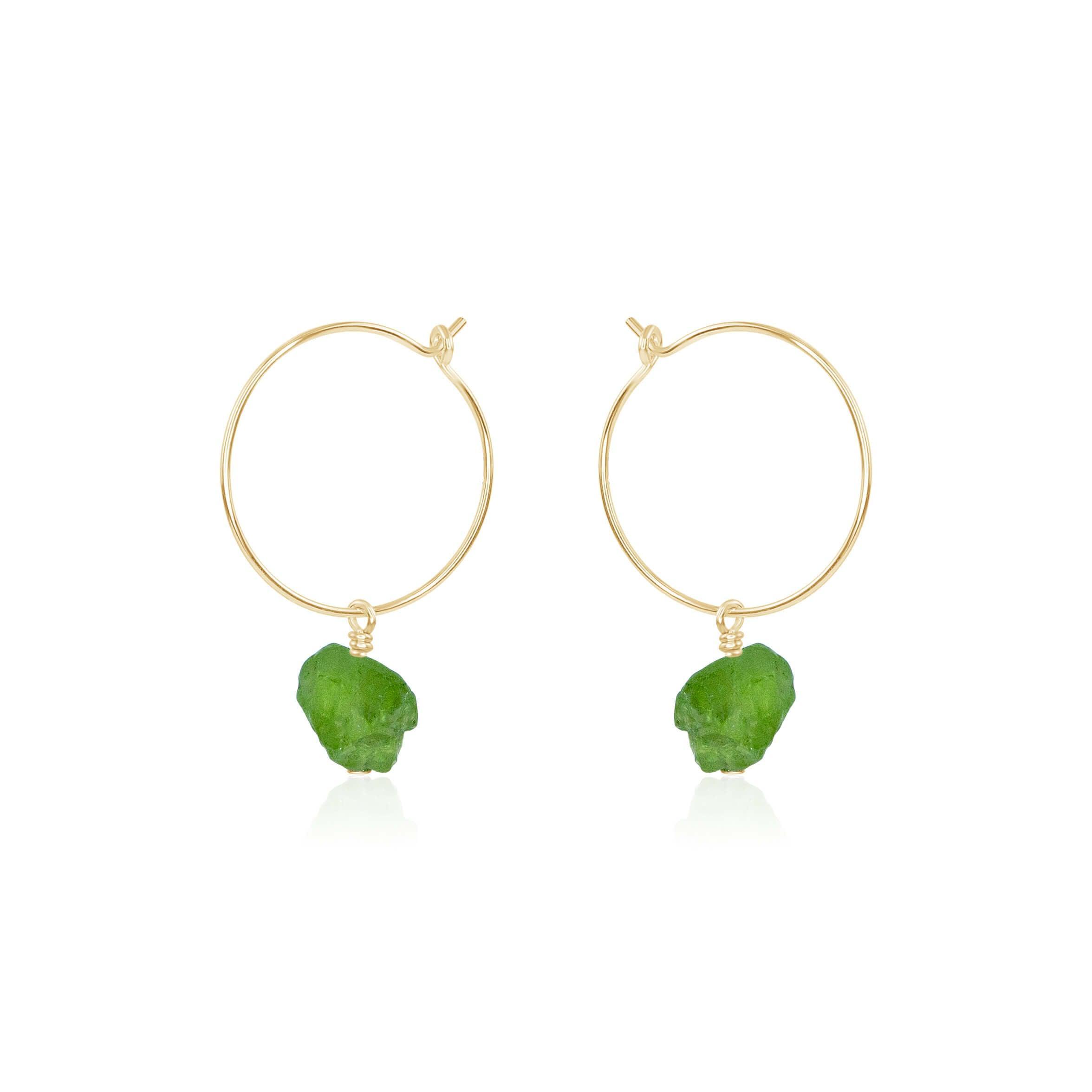 Raw Peridot Gemstone Dangle Hoop Earrings - Raw Peridot Gemstone Dangle Hoop Earrings - 14k Gold Fill - Luna Tide Handmade Crystal Jewellery