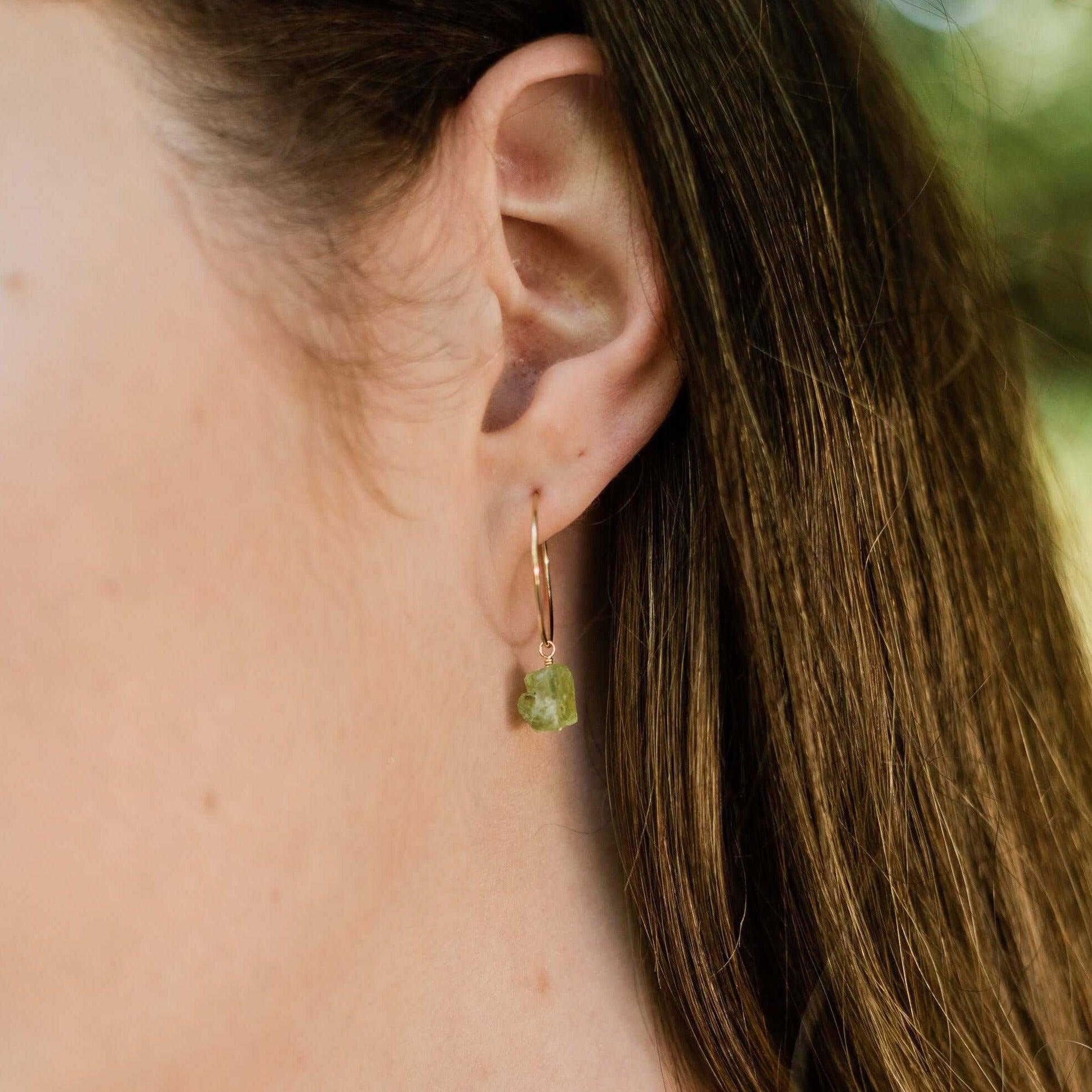 Raw Peridot Gemstone Dangle Hoop Earrings - Raw Peridot Gemstone Dangle Hoop Earrings - Sterling Silver - Luna Tide Handmade Crystal Jewellery