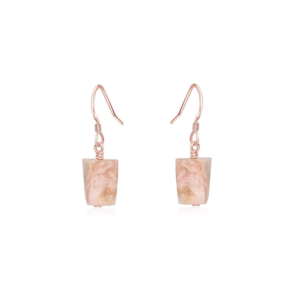 Raw Pink Peruvian Opal Crystal Dangle Drop Earrings - Raw Pink Peruvian Opal Crystal Dangle Drop Earrings - 14k Rose Gold Fill - Luna Tide Handmade Crystal Jewellery