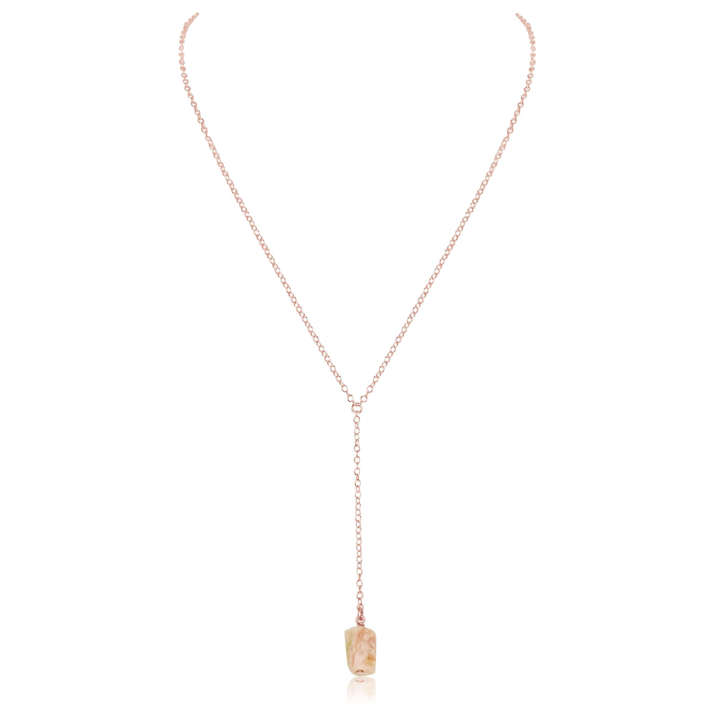 Raw Pink Peruvian Opal Crystal Lariat Necklace - Raw Pink Peruvian Opal Crystal Lariat Necklace - 14k Rose Gold Fill - Luna Tide Handmade Crystal Jewellery