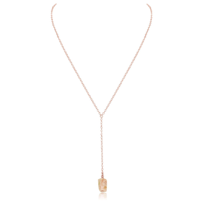 Raw Pink Peruvian Opal Crystal Lariat Necklace - Raw Pink Peruvian Opal Crystal Lariat Necklace - 14k Rose Gold Fill - Luna Tide Handmade Crystal Jewellery