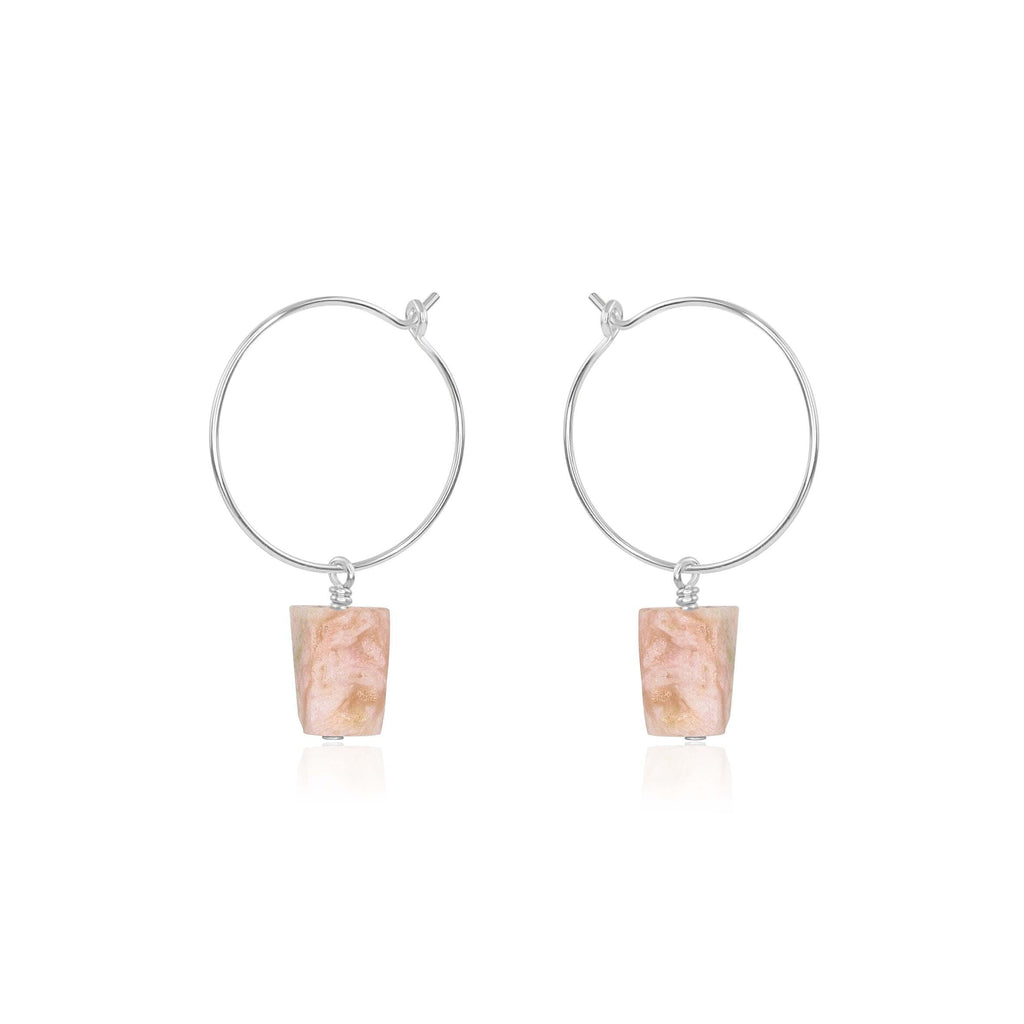Raw Pink Peruvian Opal Gemstone Dangle Hoop Earrings - Raw Pink Peruvian Opal Gemstone Dangle Hoop Earrings - Sterling Silver - Luna Tide Handmade Crystal Jewellery