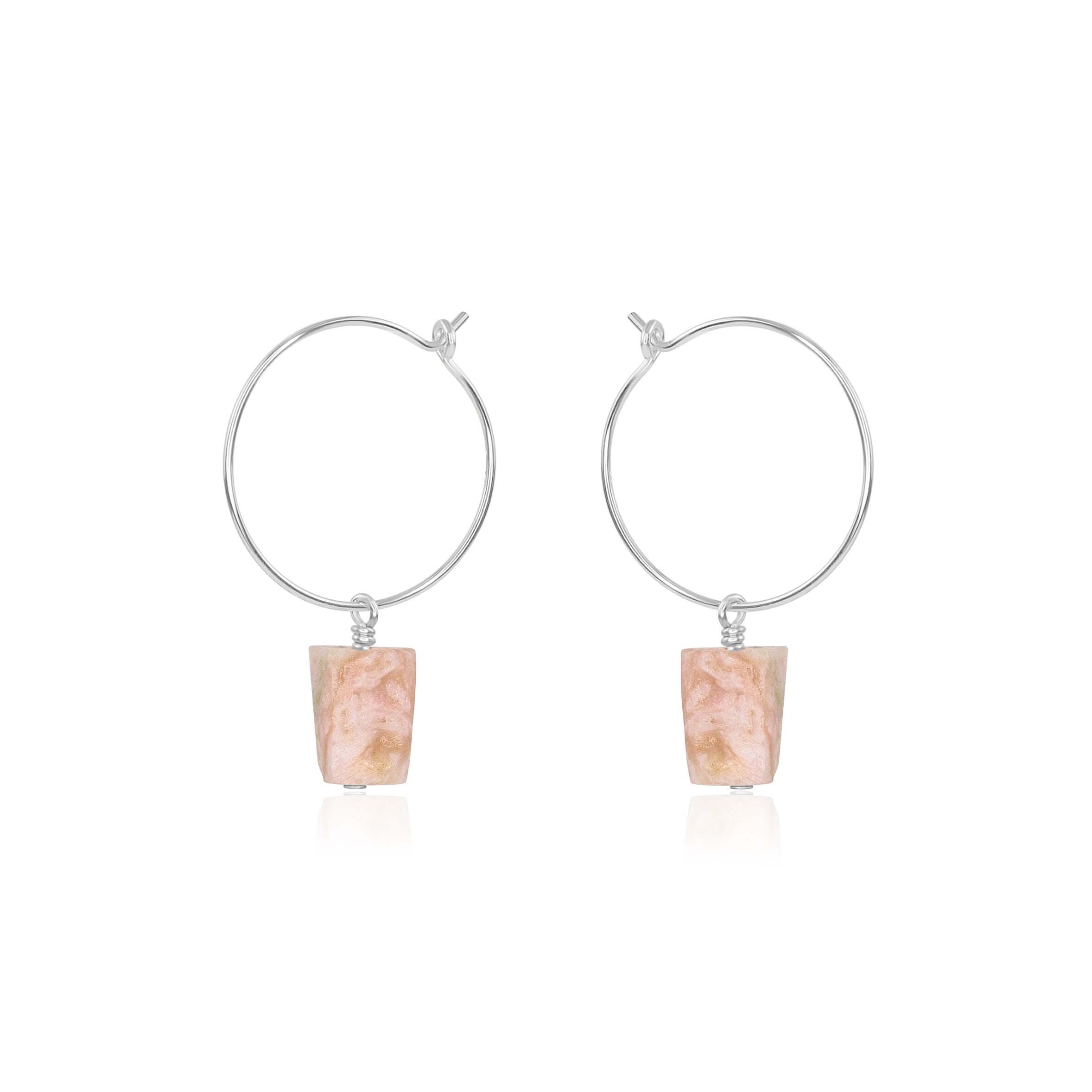 Raw Pink Peruvian Opal Gemstone Dangle Hoop Earrings - Raw Pink Peruvian Opal Gemstone Dangle Hoop Earrings - Sterling Silver - Luna Tide Handmade Crystal Jewellery