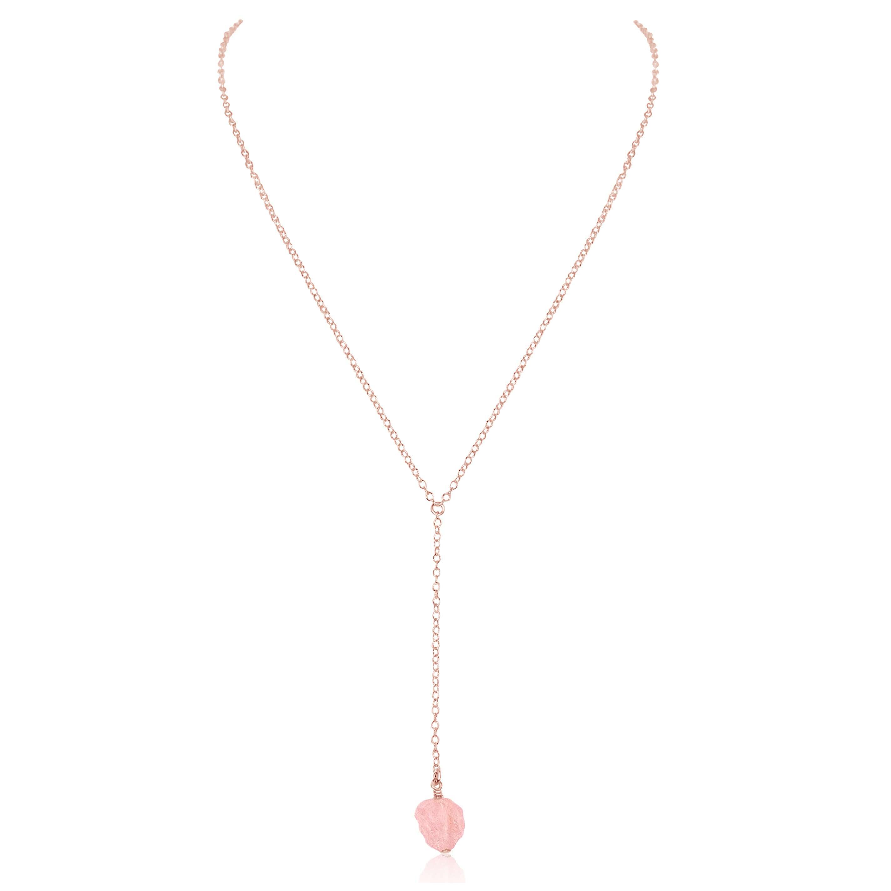 Raw Pink Rose Quartz Crystal Lariat Necklace - Raw Pink Rose Quartz Crystal Lariat Necklace - 14k Rose Gold Fill - Luna Tide Handmade Crystal Jewellery