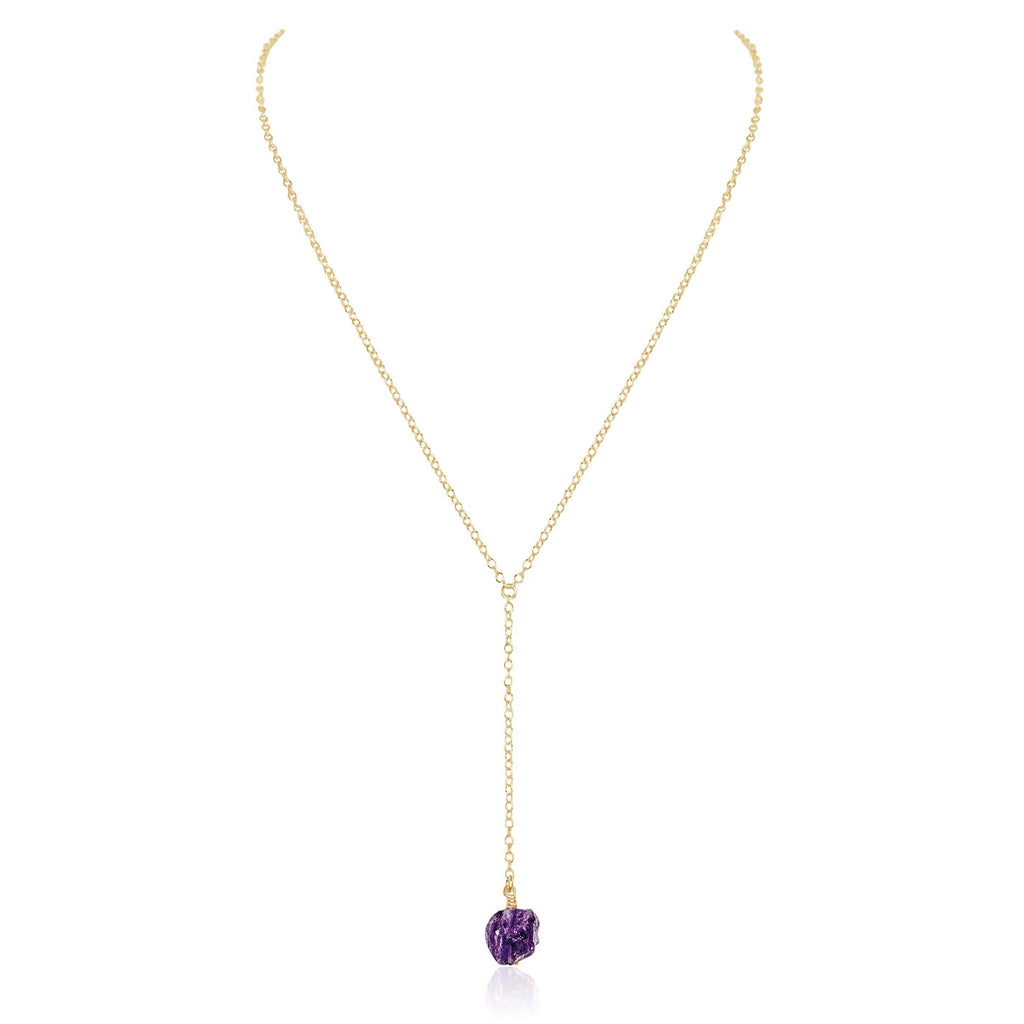 Raw Purple Amethyst Crystal Lariat Necklace - Raw Purple Amethyst Crystal Lariat Necklace - 14k Gold Fill - Luna Tide Handmade Crystal Jewellery