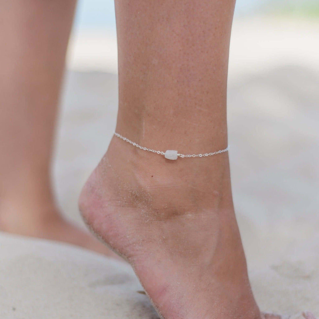 Raw Rainbow Moonstone Crystal Nugget Anklet - Raw Rainbow Moonstone Crystal Nugget Anklet - Sterling Silver - Luna Tide Handmade Crystal Jewellery