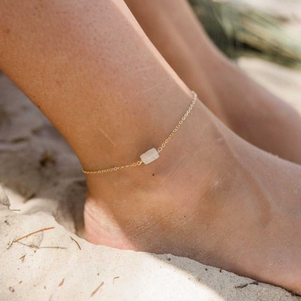 Raw Rainbow Moonstone Crystal Nugget Anklet - Raw Rainbow Moonstone Crystal Nugget Anklet - Sterling Silver - Luna Tide Handmade Crystal Jewellery