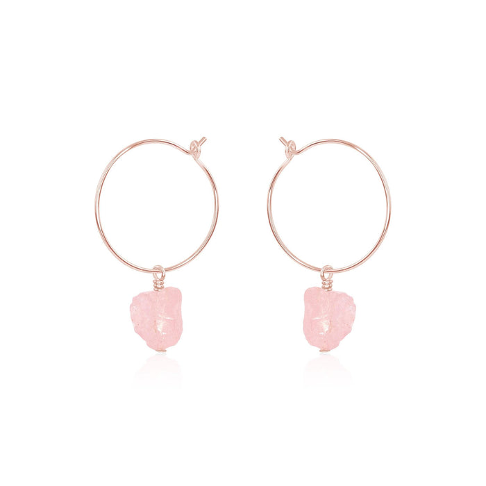 Raw Rose Quartz Gemstone Dangle Hoop Earrings - Raw Rose Quartz Gemstone Dangle Hoop Earrings - 14k Rose Gold Fill - Luna Tide Handmade Crystal Jewellery