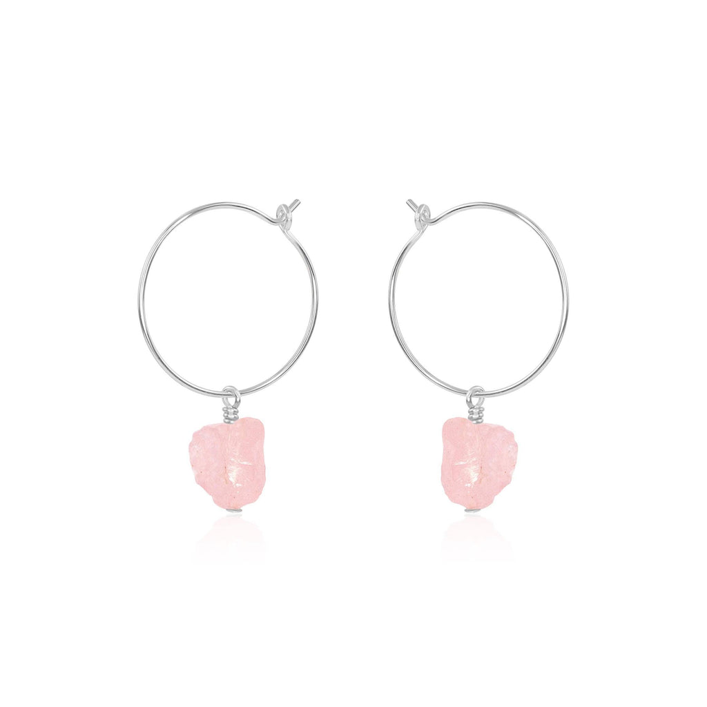 Raw Rose Quartz Gemstone Dangle Hoop Earrings - Raw Rose Quartz Gemstone Dangle Hoop Earrings - Sterling Silver - Luna Tide Handmade Crystal Jewellery