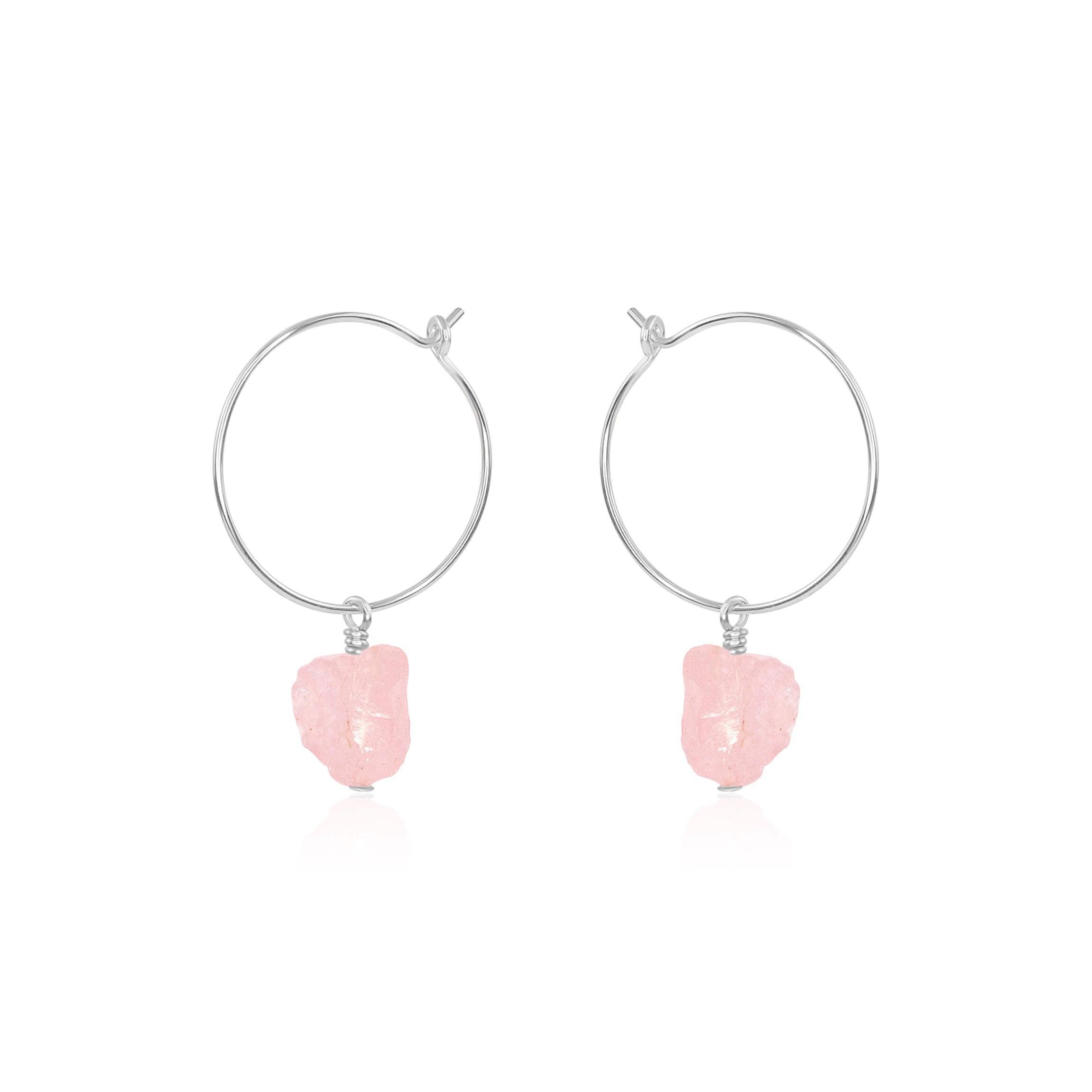 Raw Rose Quartz Gemstone Dangle Hoop Earrings - Raw Rose Quartz Gemstone Dangle Hoop Earrings - Sterling Silver - Luna Tide Handmade Crystal Jewellery
