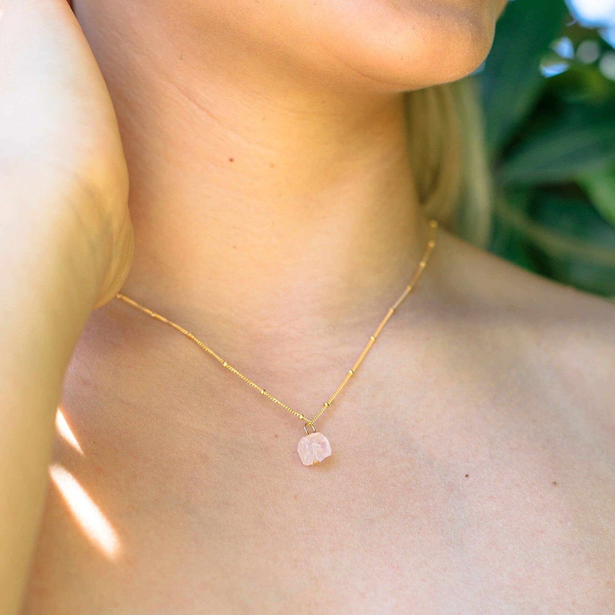 Raw Rose Quartz Natural Crystal Pendant Necklace - Raw Rose Quartz Natural Crystal Pendant Necklace - 14k Gold Fill / Satellite - Luna Tide Handmade Crystal Jewellery