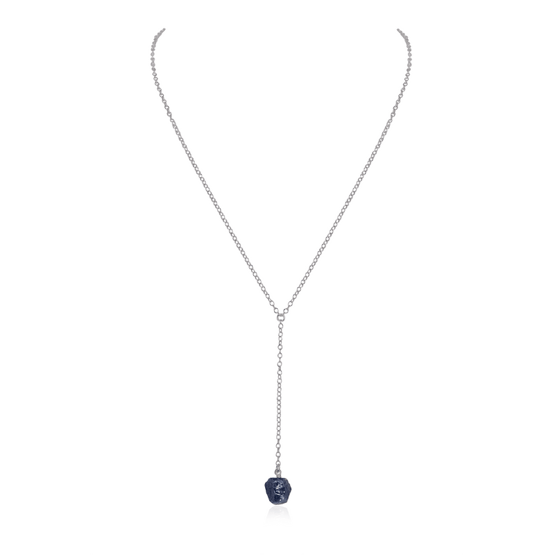 Raw Sapphire Crystal Lariat Necklace - Raw Sapphire Crystal Lariat Necklace - Stainless Steel - Luna Tide Handmade Crystal Jewellery