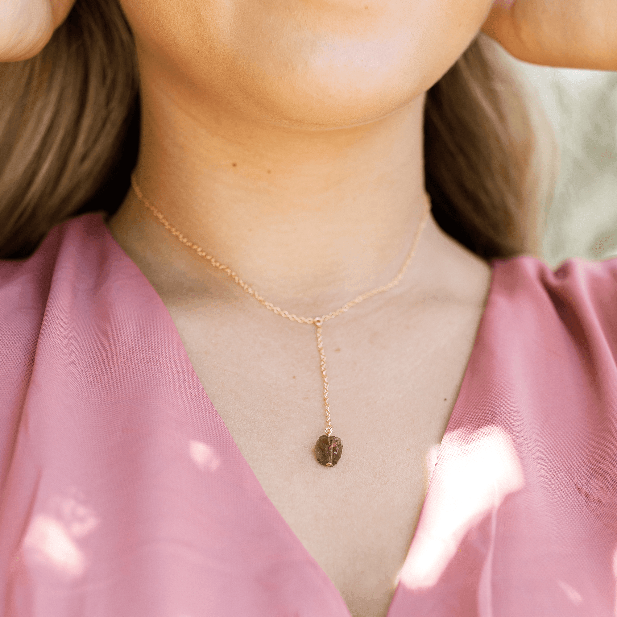 Raw Smoky Quartz Crystal Lariat Necklace - Raw Smoky Quartz Crystal Lariat Necklace - Sterling Silver - Luna Tide Handmade Crystal Jewellery
