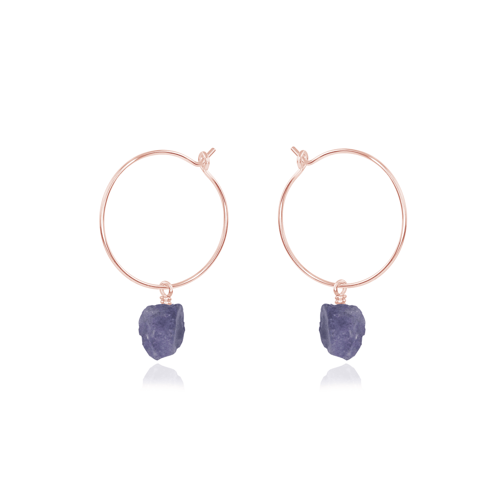 Raw Tanzanite Gemstone Dangle Hoop Earrings - Raw Tanzanite Gemstone Dangle Hoop Earrings - 14k Rose Gold Fill - Luna Tide Handmade Crystal Jewellery