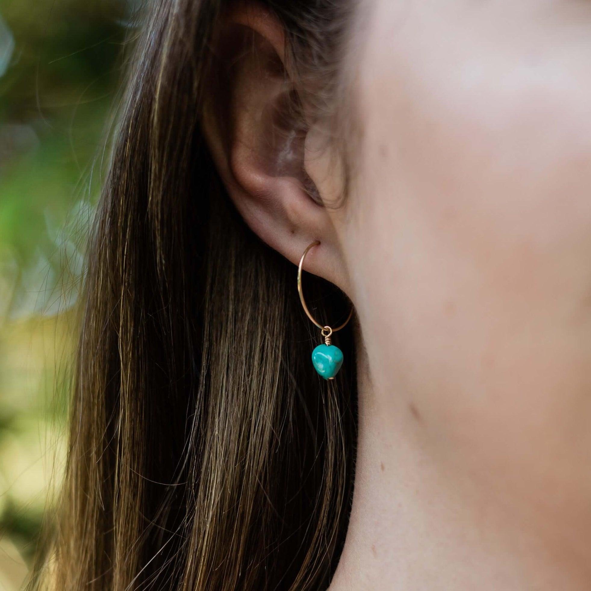 Raw Turquoise Gemstone Dangle Hoop Earrings - Raw Turquoise Gemstone Dangle Hoop Earrings - 14k Gold Fill - Luna Tide Handmade Crystal Jewellery