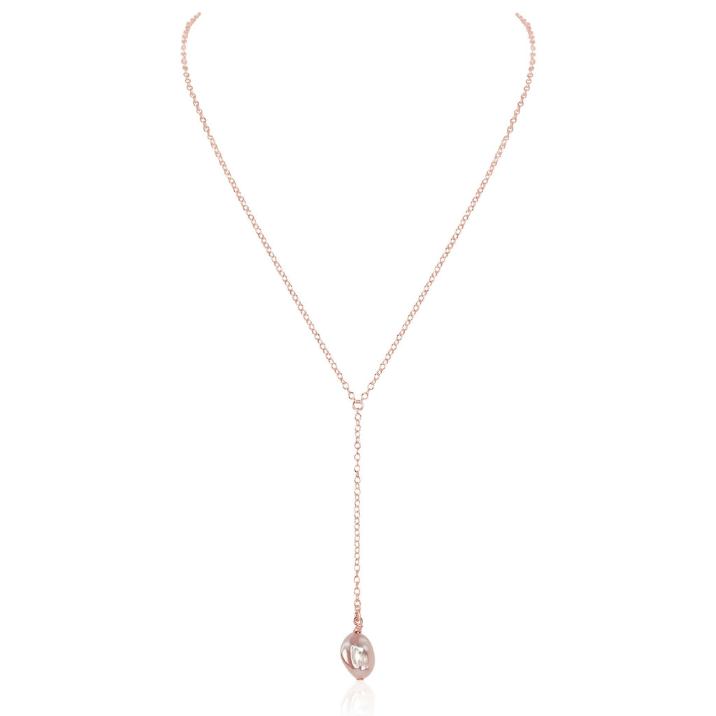 Raw White Freshwater Pearl Crystal Lariat Necklace - Raw White Freshwater Pearl Crystal Lariat Necklace - 14k Rose Gold Fill - Luna Tide Handmade Crystal Jewellery